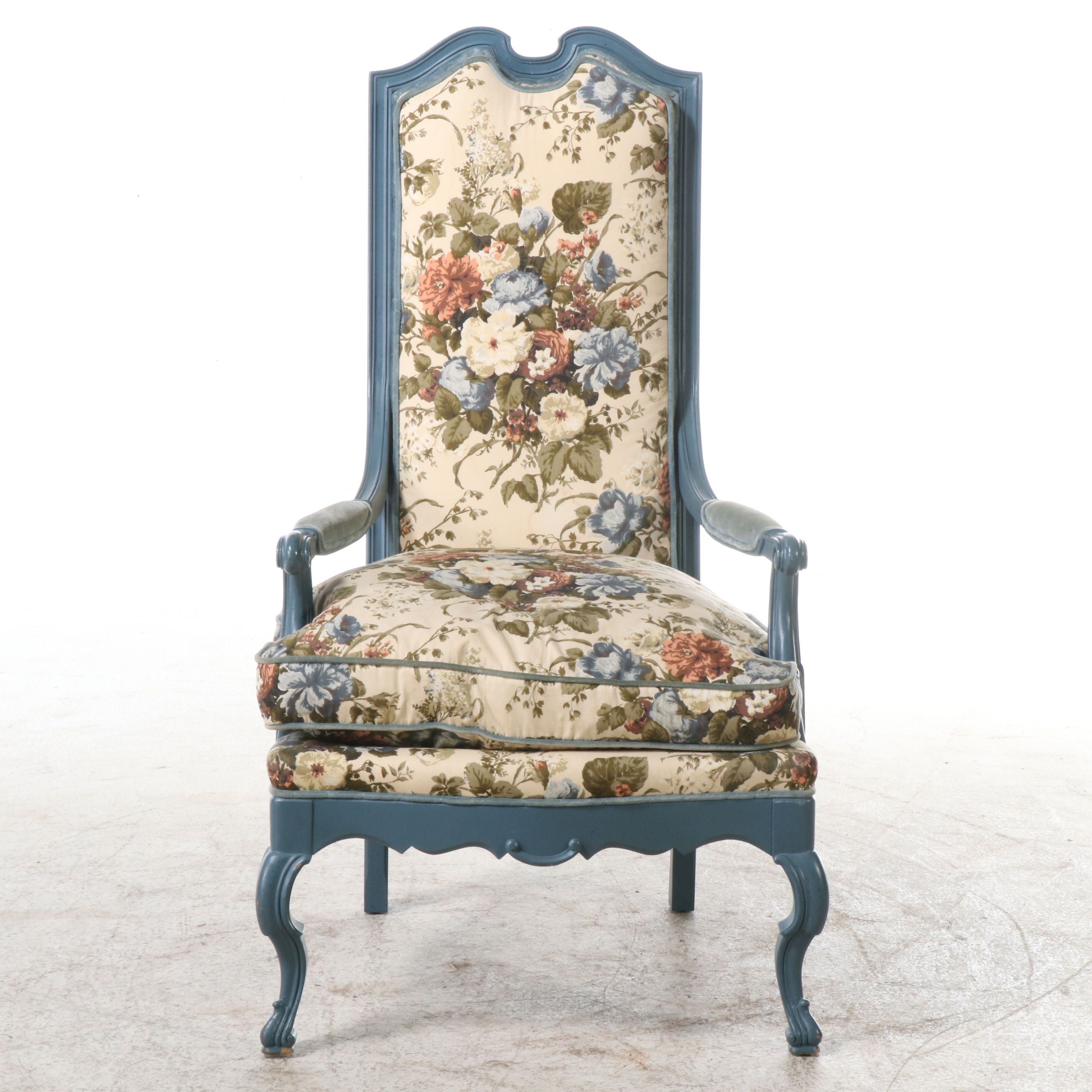 Pair of Henredon French Provincial Style Painted Wood and Upholstered Armchairs