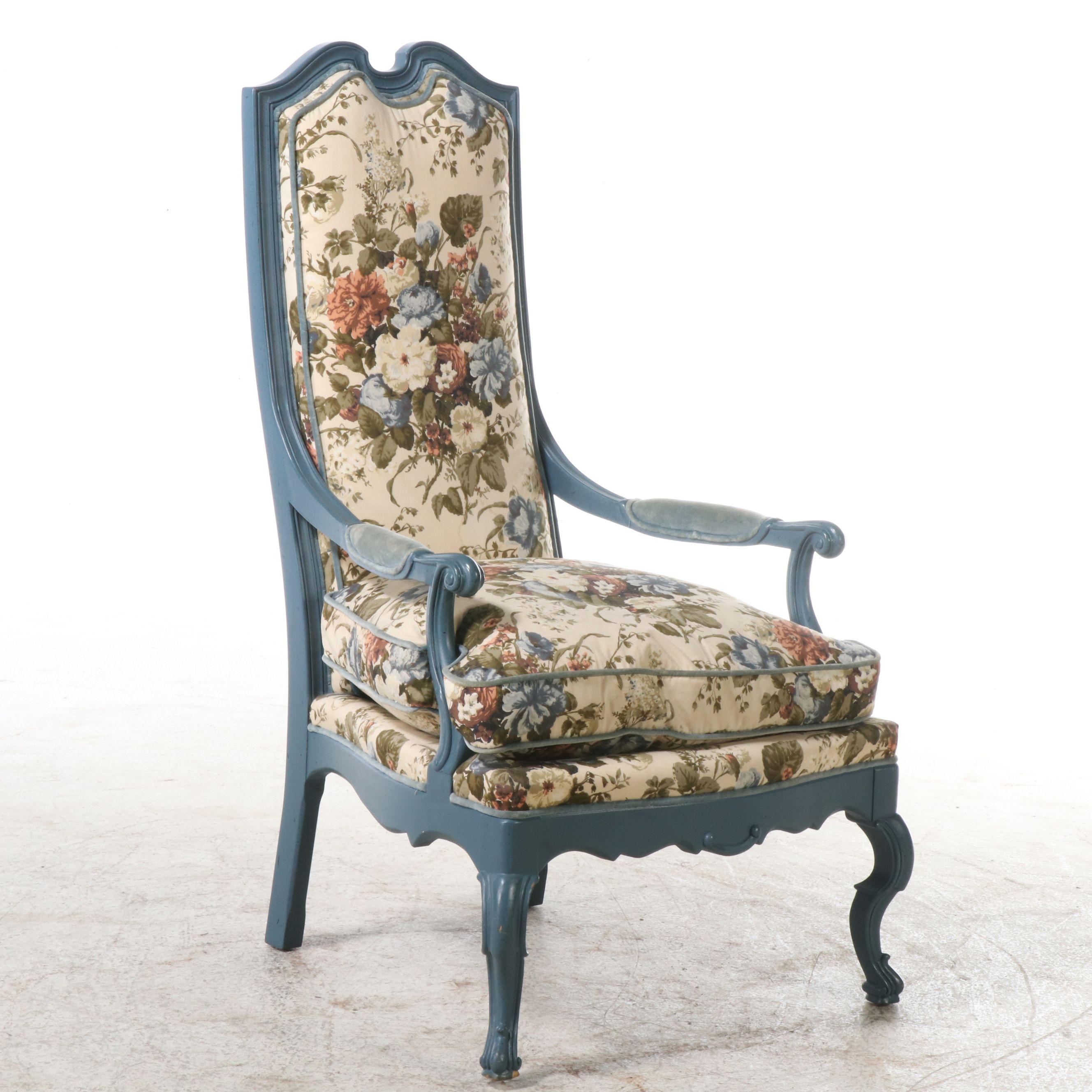 Pair of Henredon French Provincial Style Painted Wood and Upholstered Armchairs