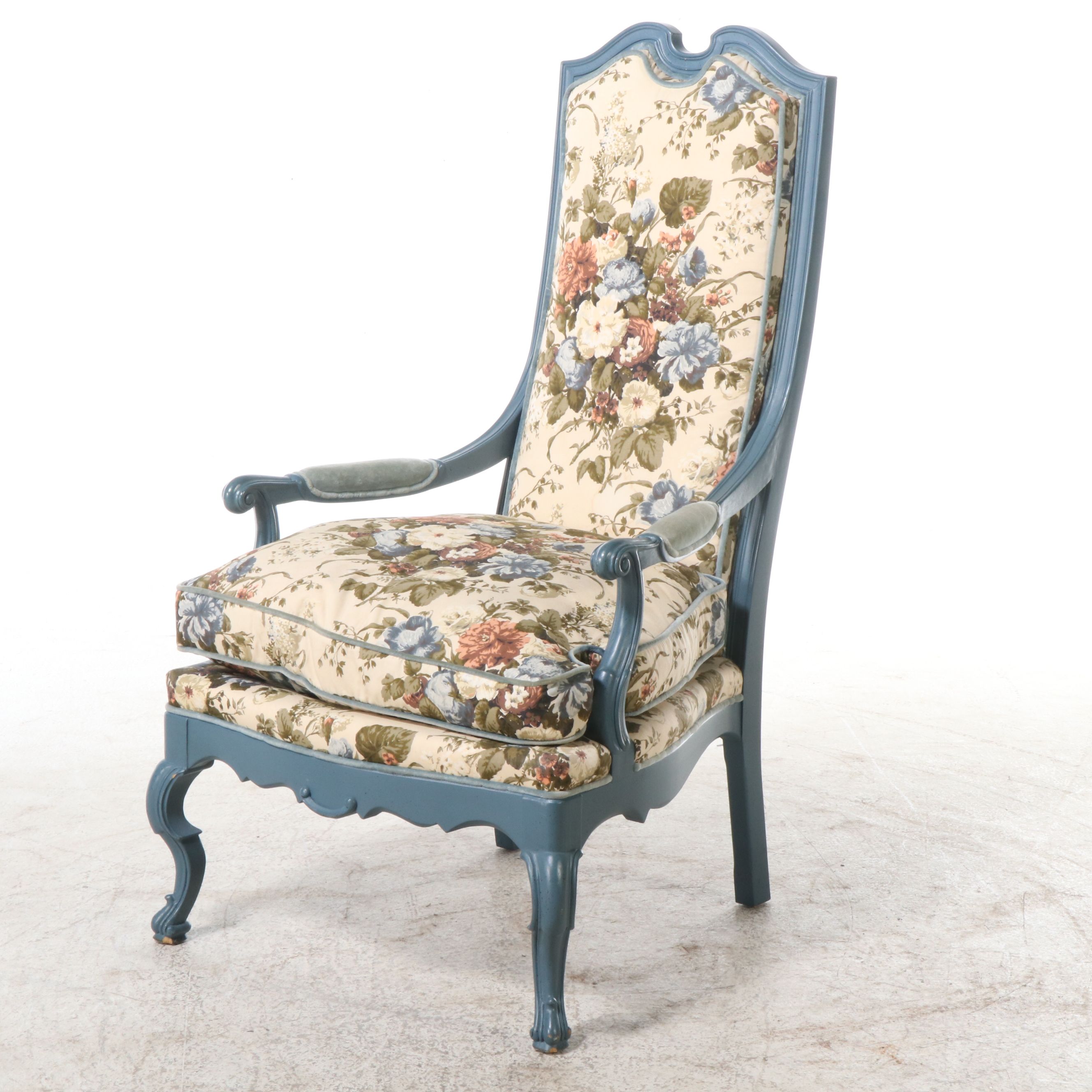 Pair of Henredon French Provincial Style Painted Wood and Upholstered Armchairs