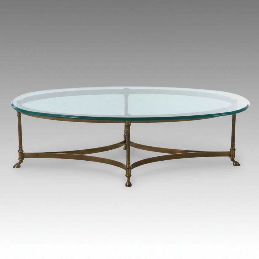 Italian Regency Style Brass Glass Top Oval Coffee Table