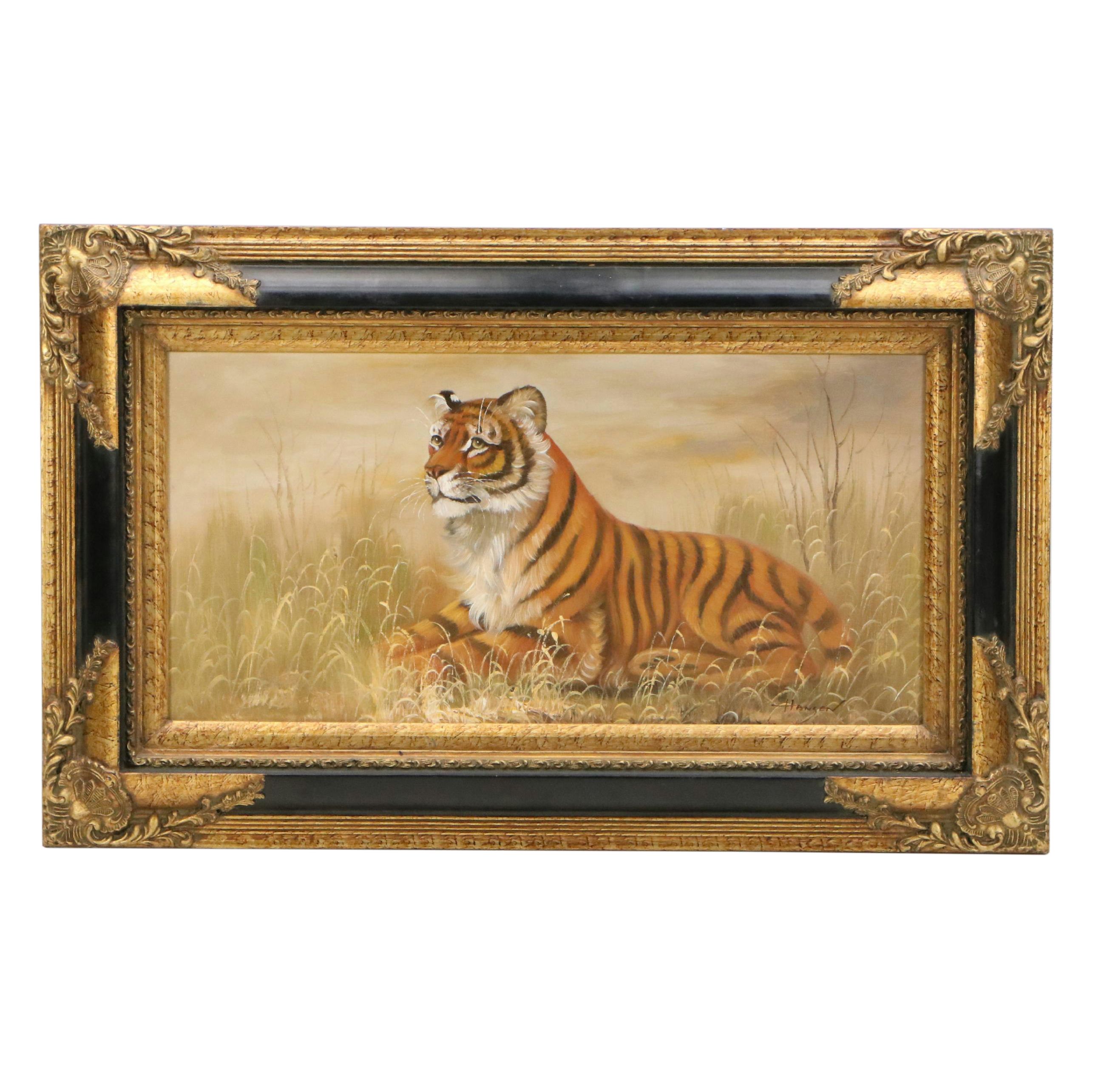 Hansen Naturalist Style Oil Painting of Tiger in Grass