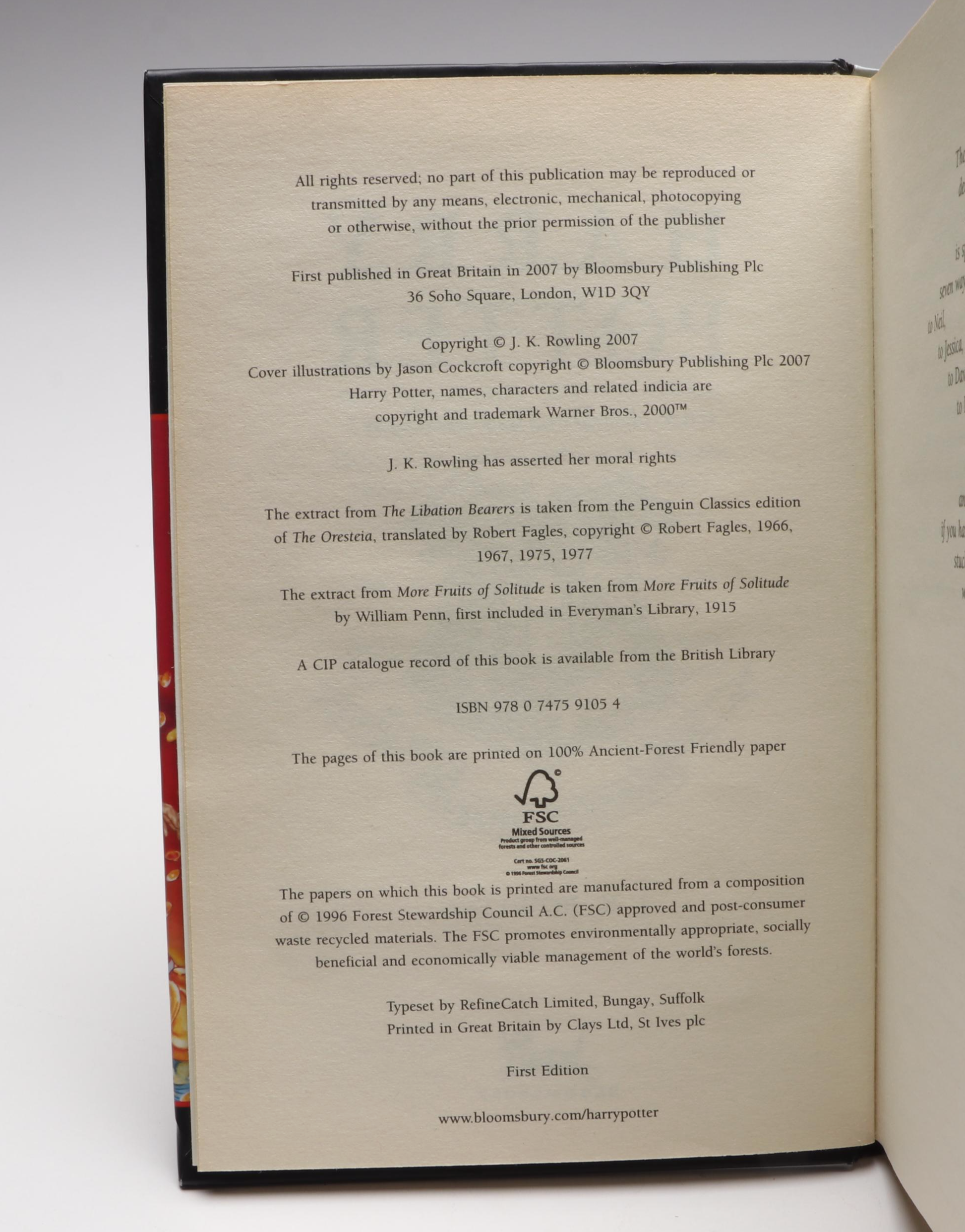 First UK Edition "Harry Potter and the Deathly Hallows" by J. K. Rowling