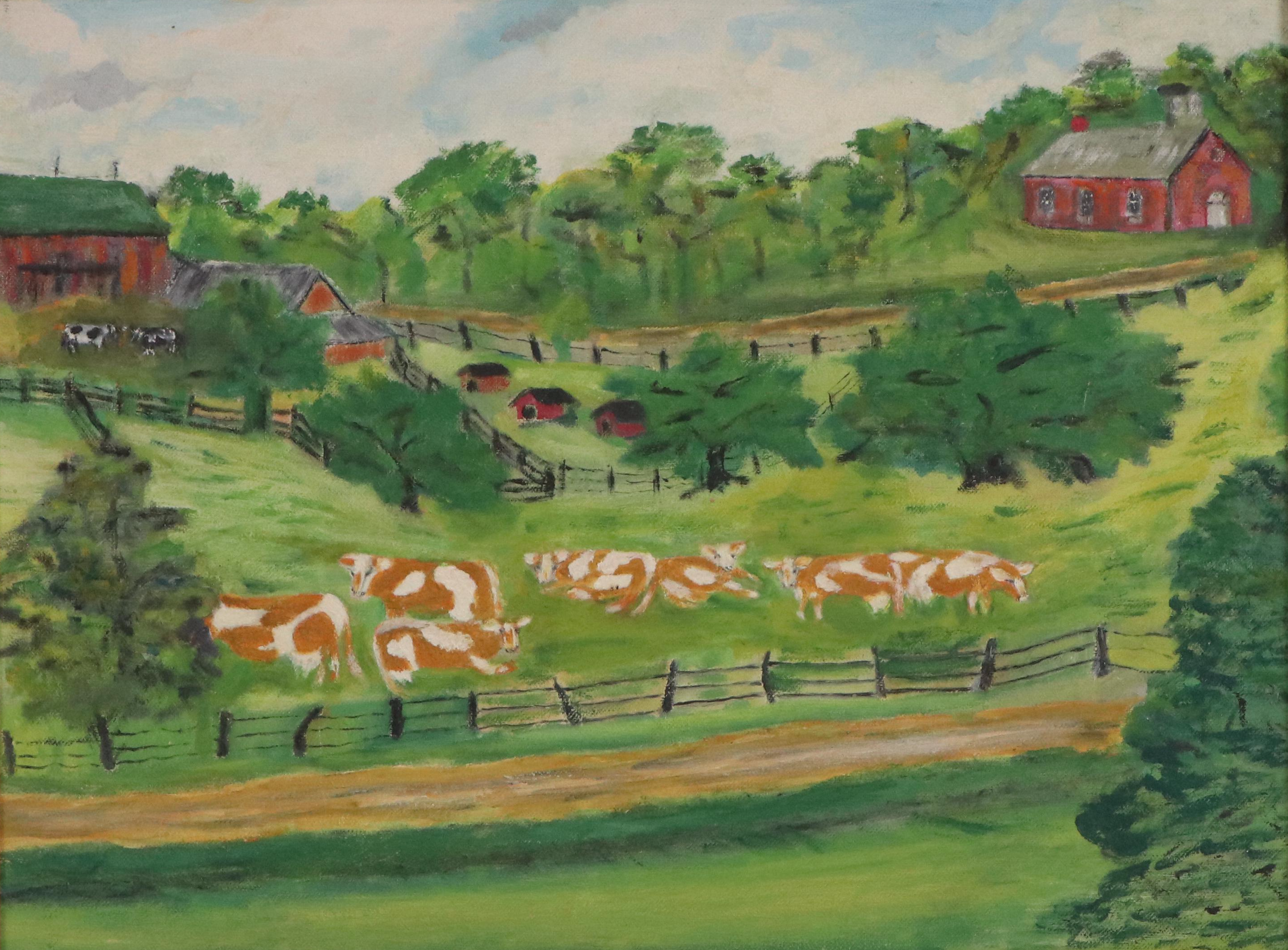 Pastoral Farm Landscape Oil Painting, 1956