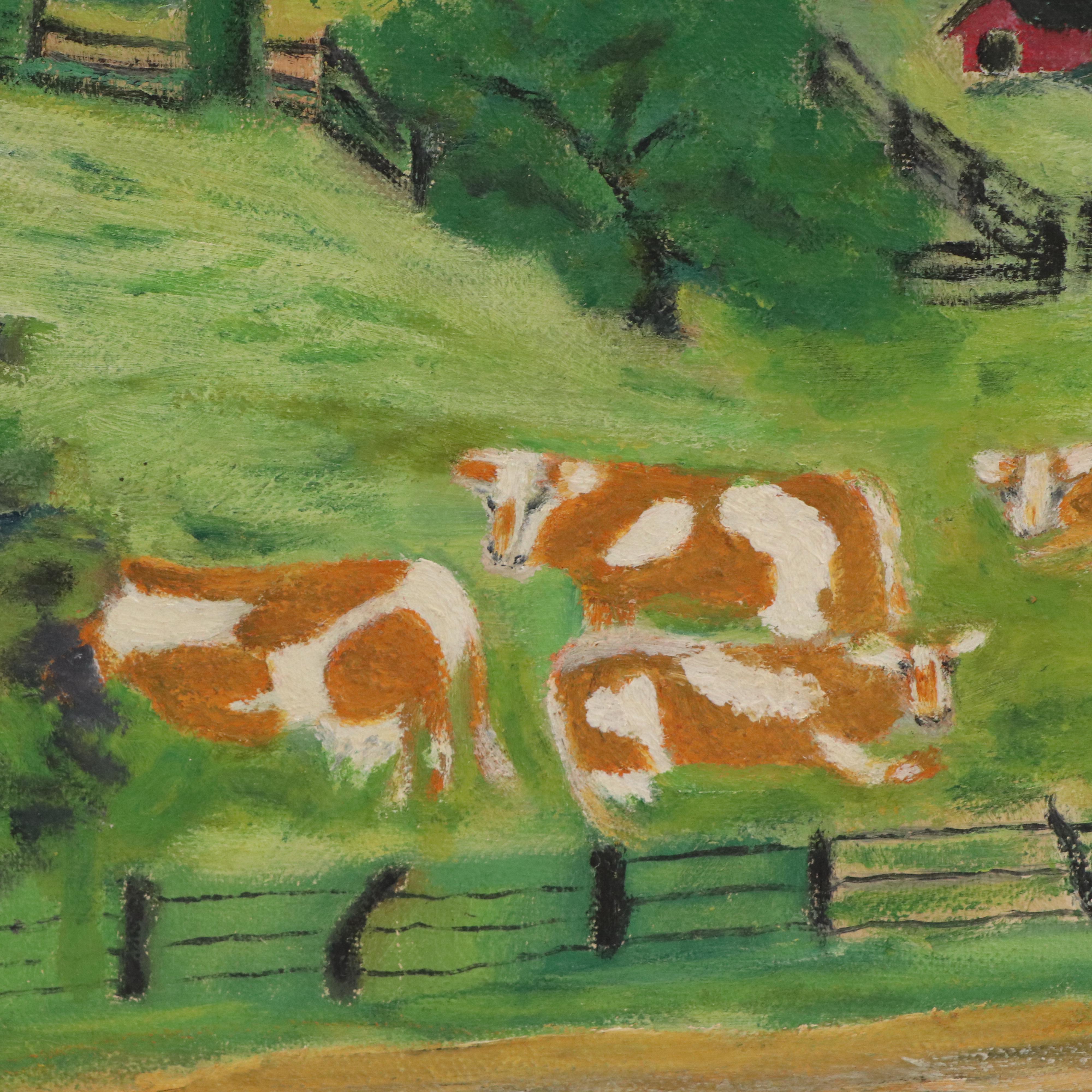 Pastoral Farm Landscape Oil Painting, 1956