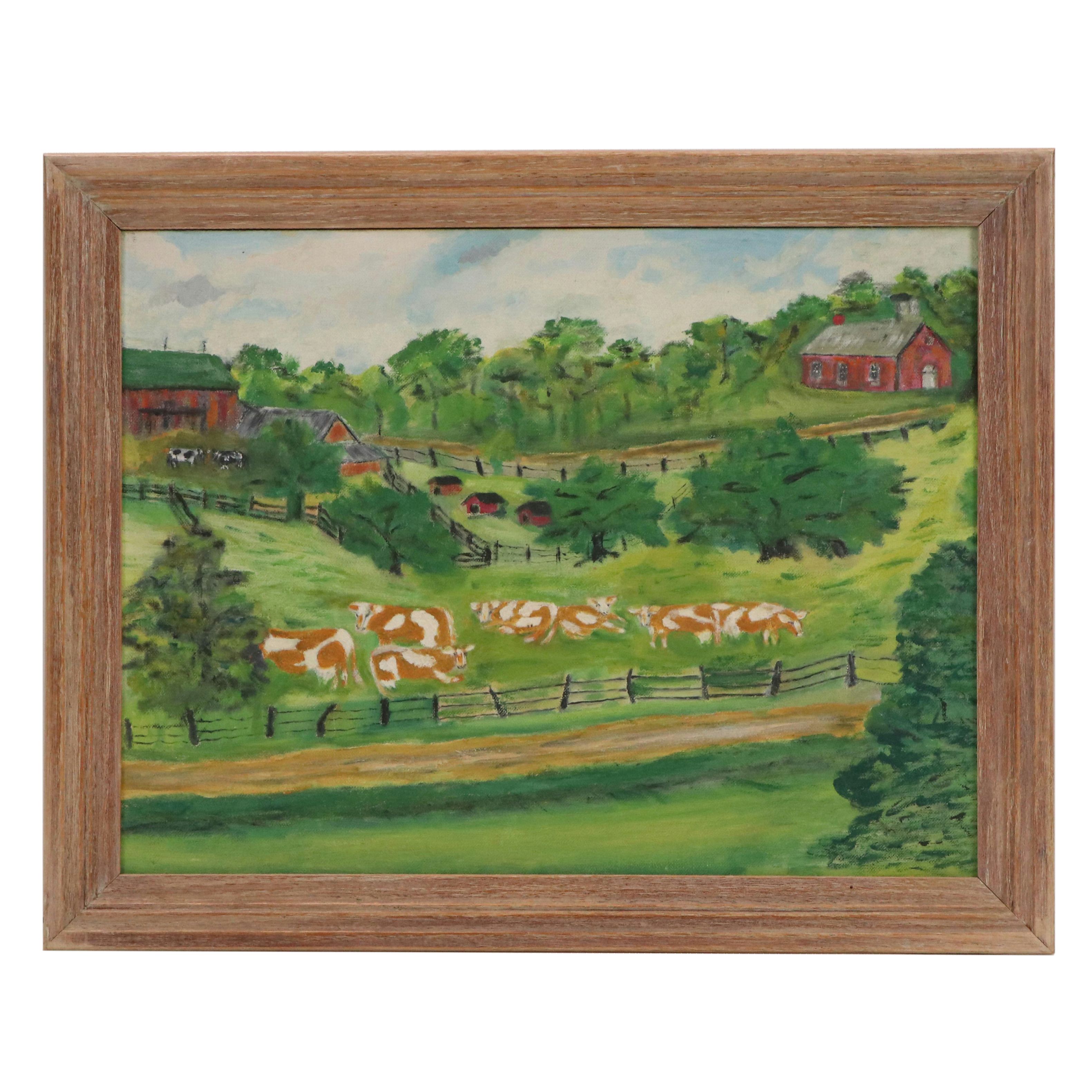Pastoral Farm Landscape Oil Painting, 1956