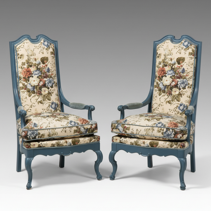 Pair of Henredon French Provincial Style Painted Wood and Upholstered Armchairs