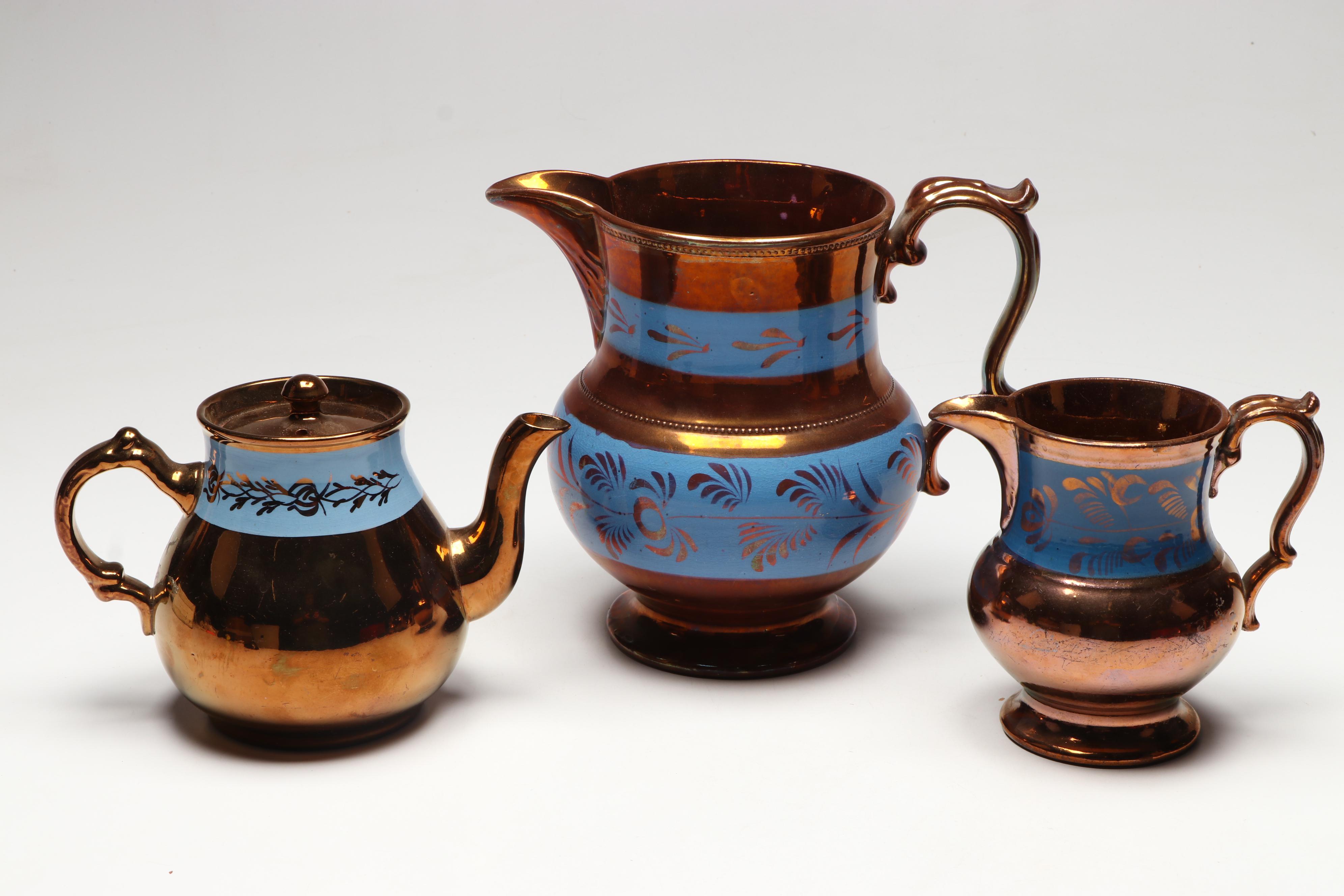 English Blue and Copper Lusterware Ceramic Teaware