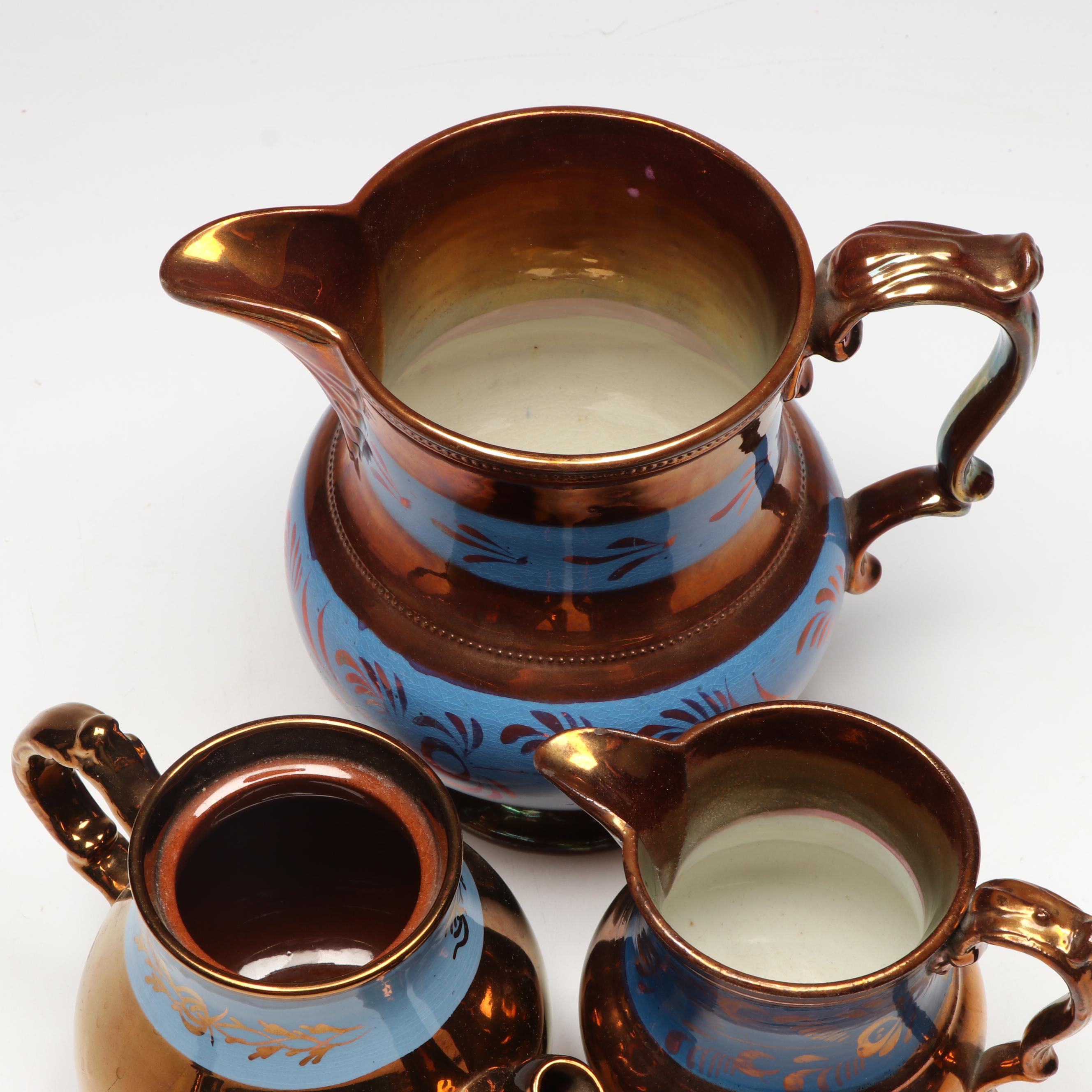 English Blue and Copper Lusterware Ceramic Teaware