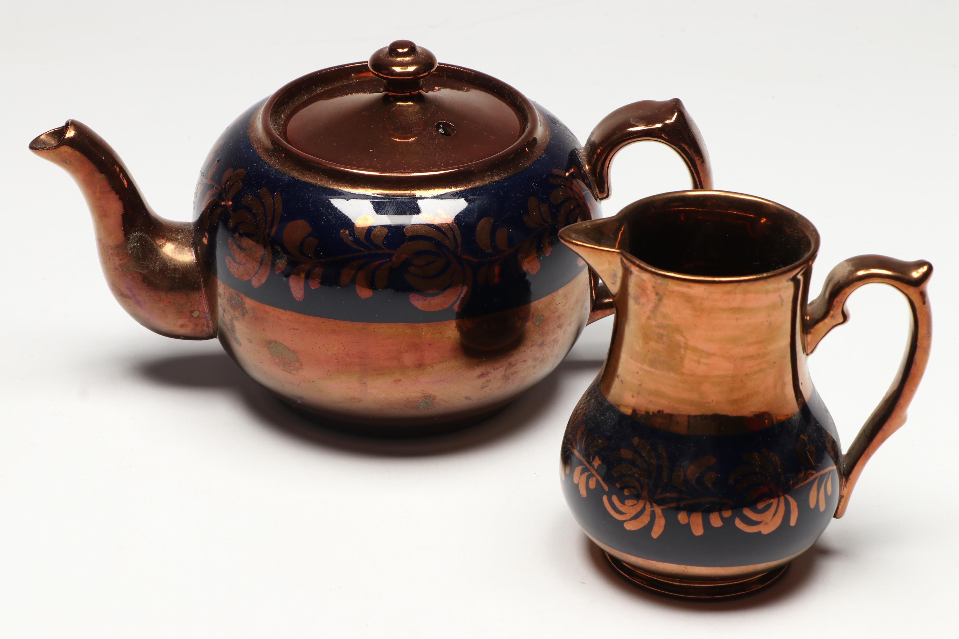 English Blue and Copper Lusterware Ceramic Teaware