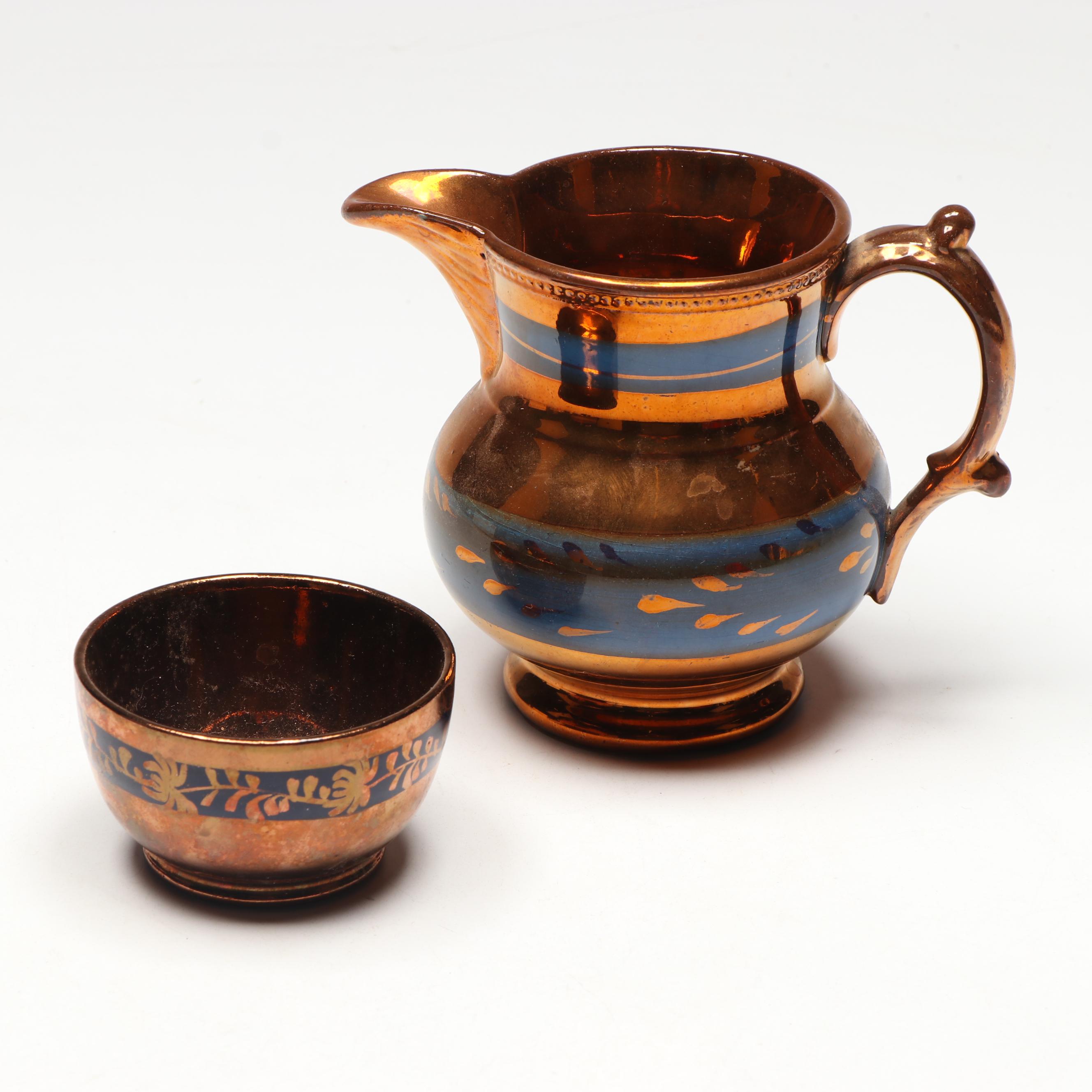 English Blue and Copper Lusterware Ceramic Teaware