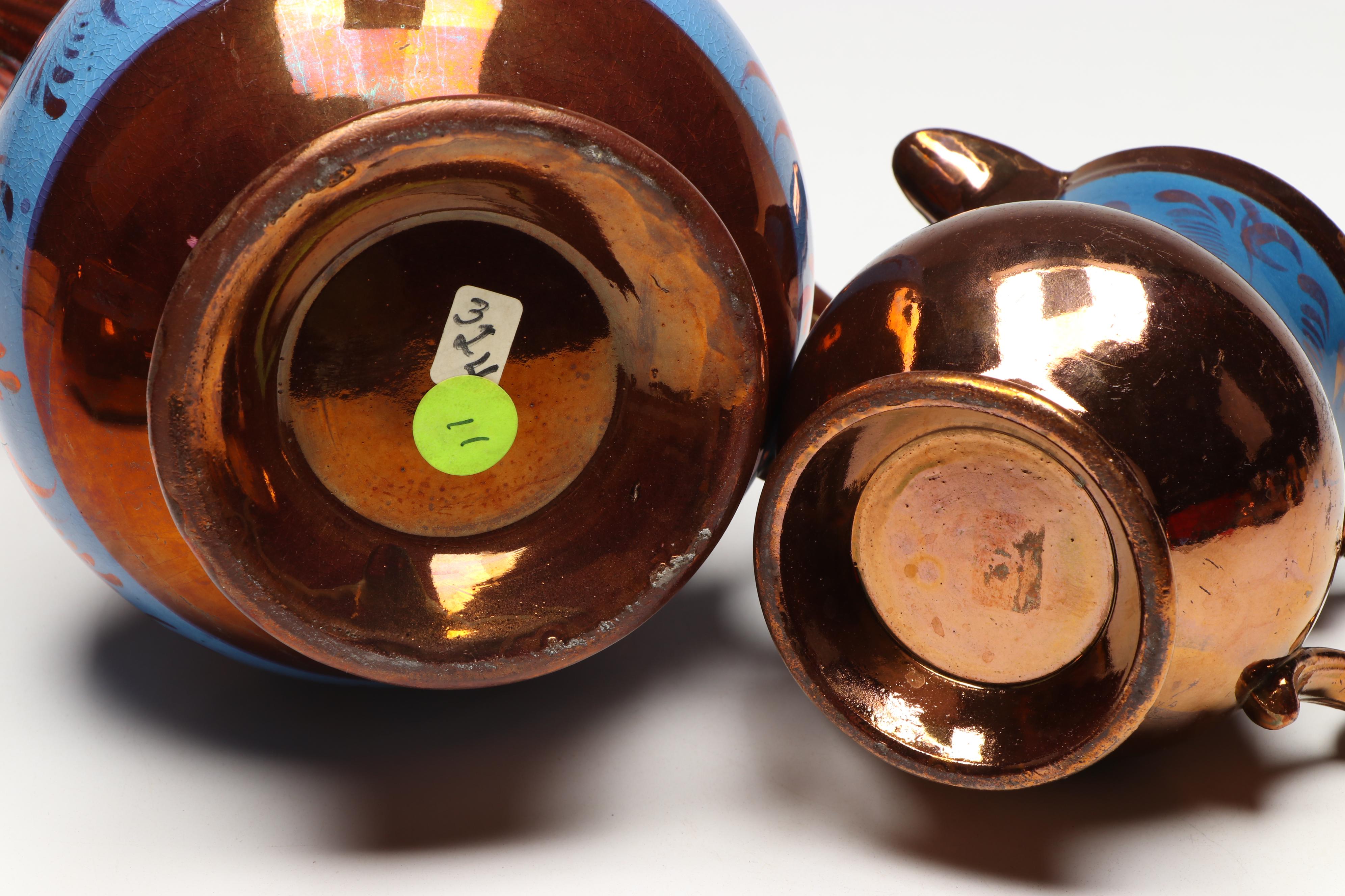 English Blue and Copper Lusterware Ceramic Teaware