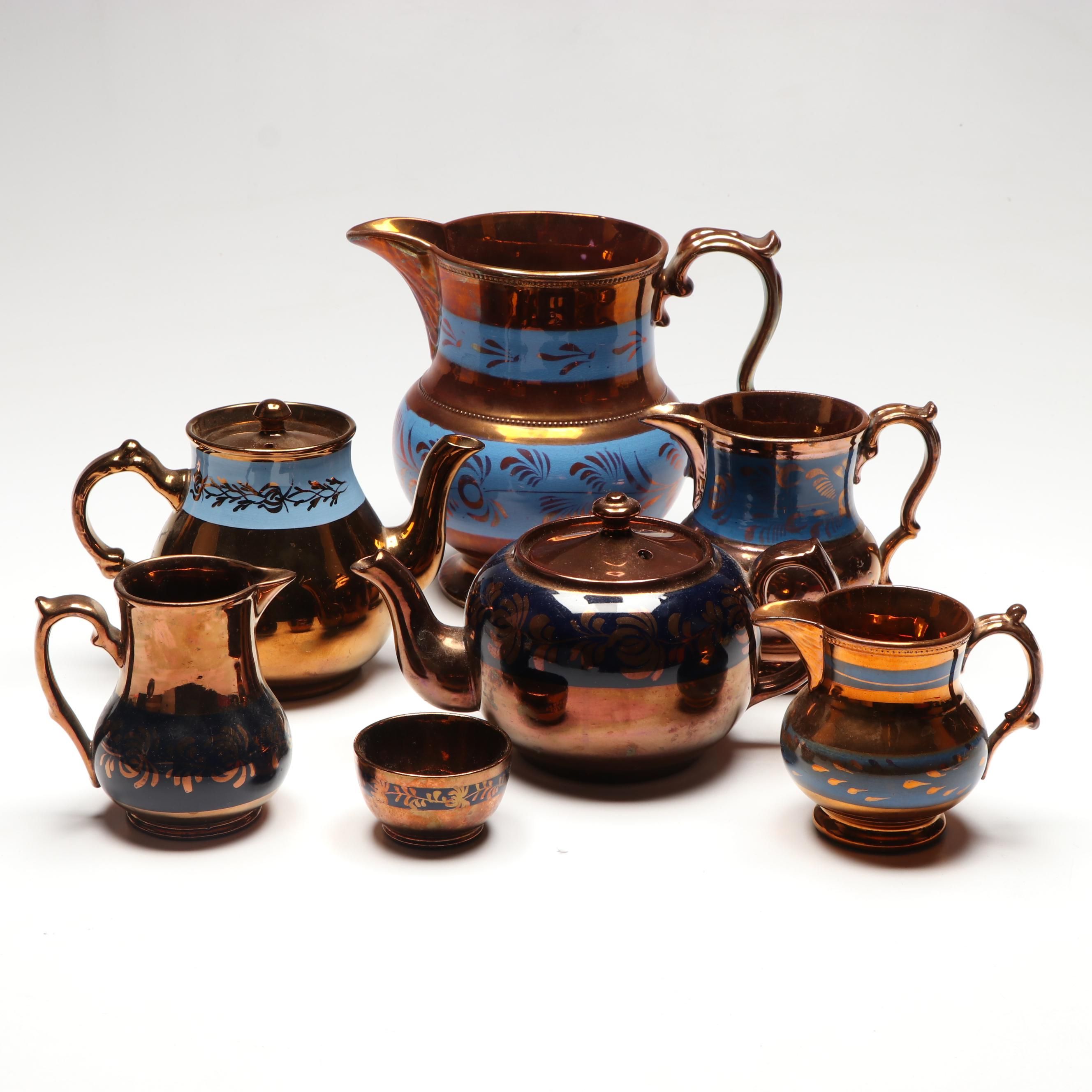 English Blue and Copper Lusterware Ceramic Teaware