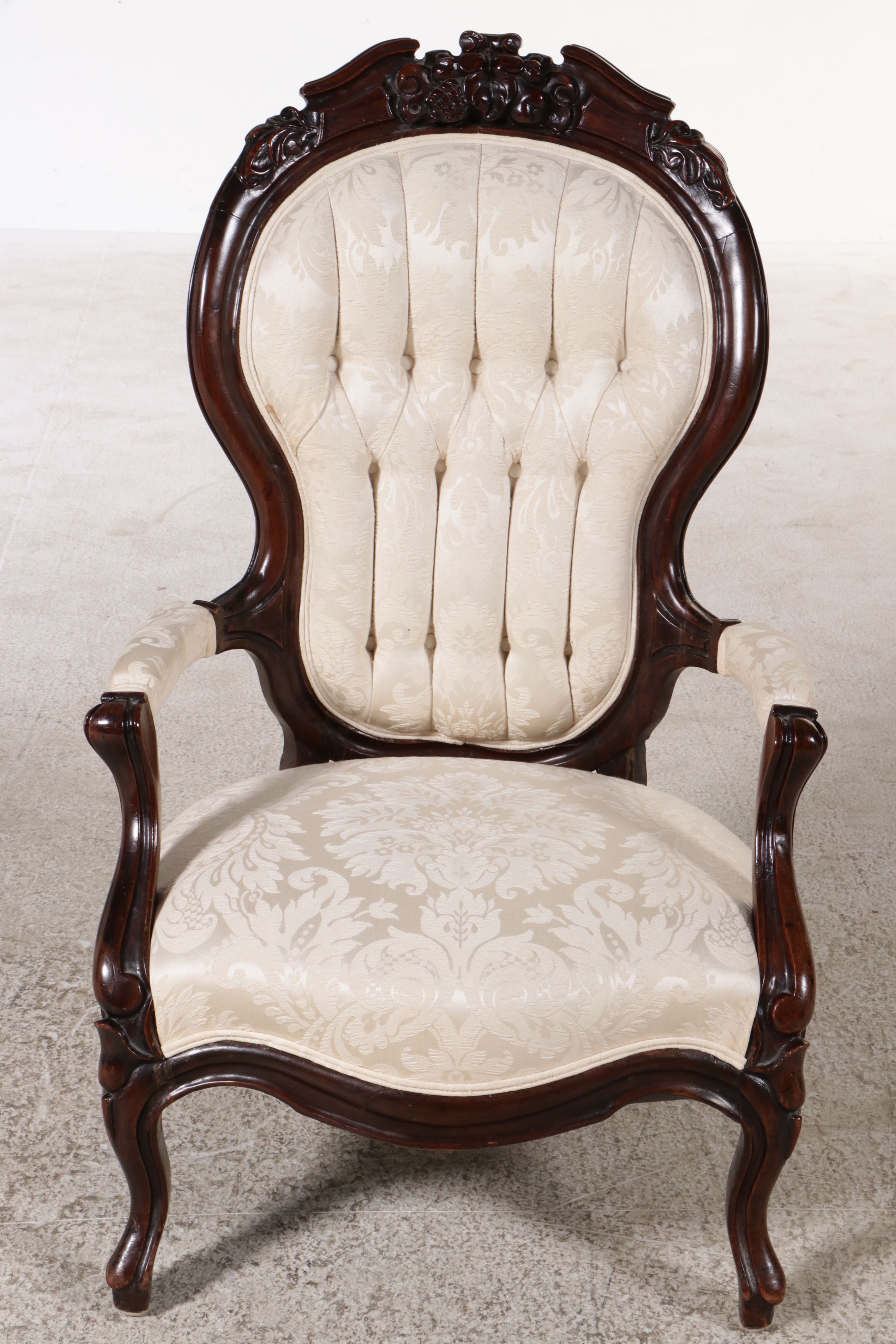 Victorian Rococo Revival Style Damask Upholstered Carved Wood Ladies Armchair