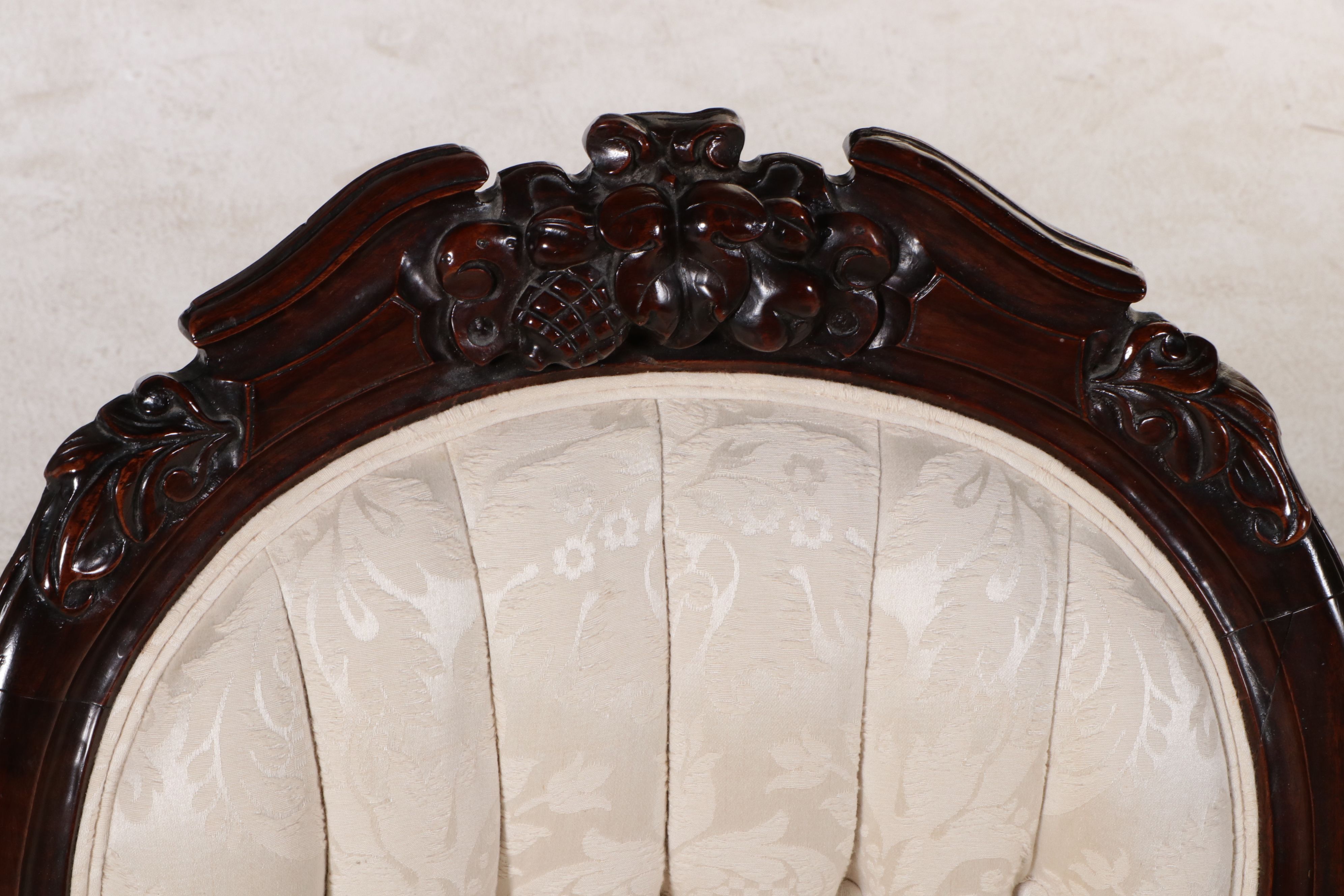 Victorian Rococo Revival Style Damask Upholstered Carved Wood Ladies Armchair