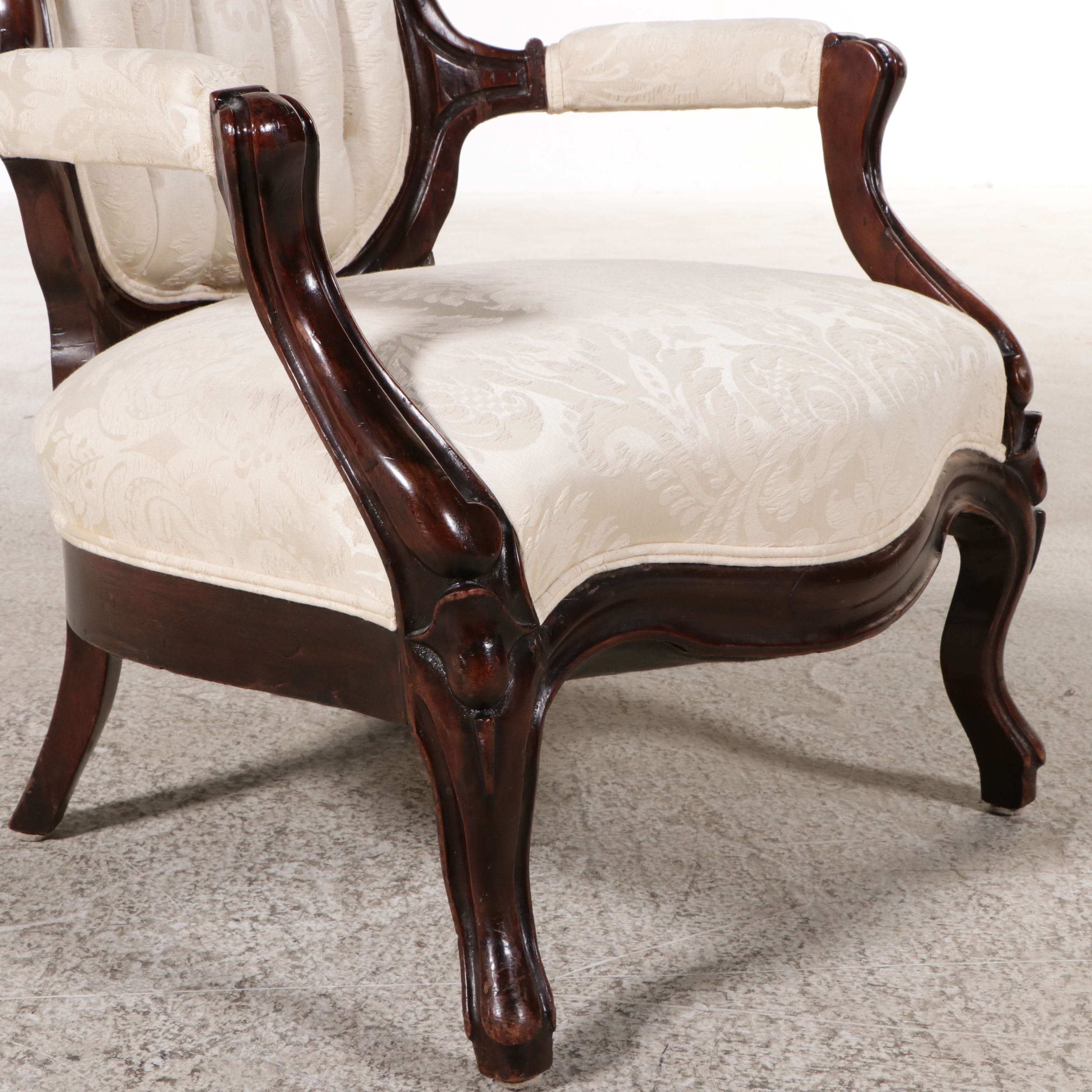 Victorian Rococo Revival Style Damask Upholstered Carved Wood Ladies Armchair