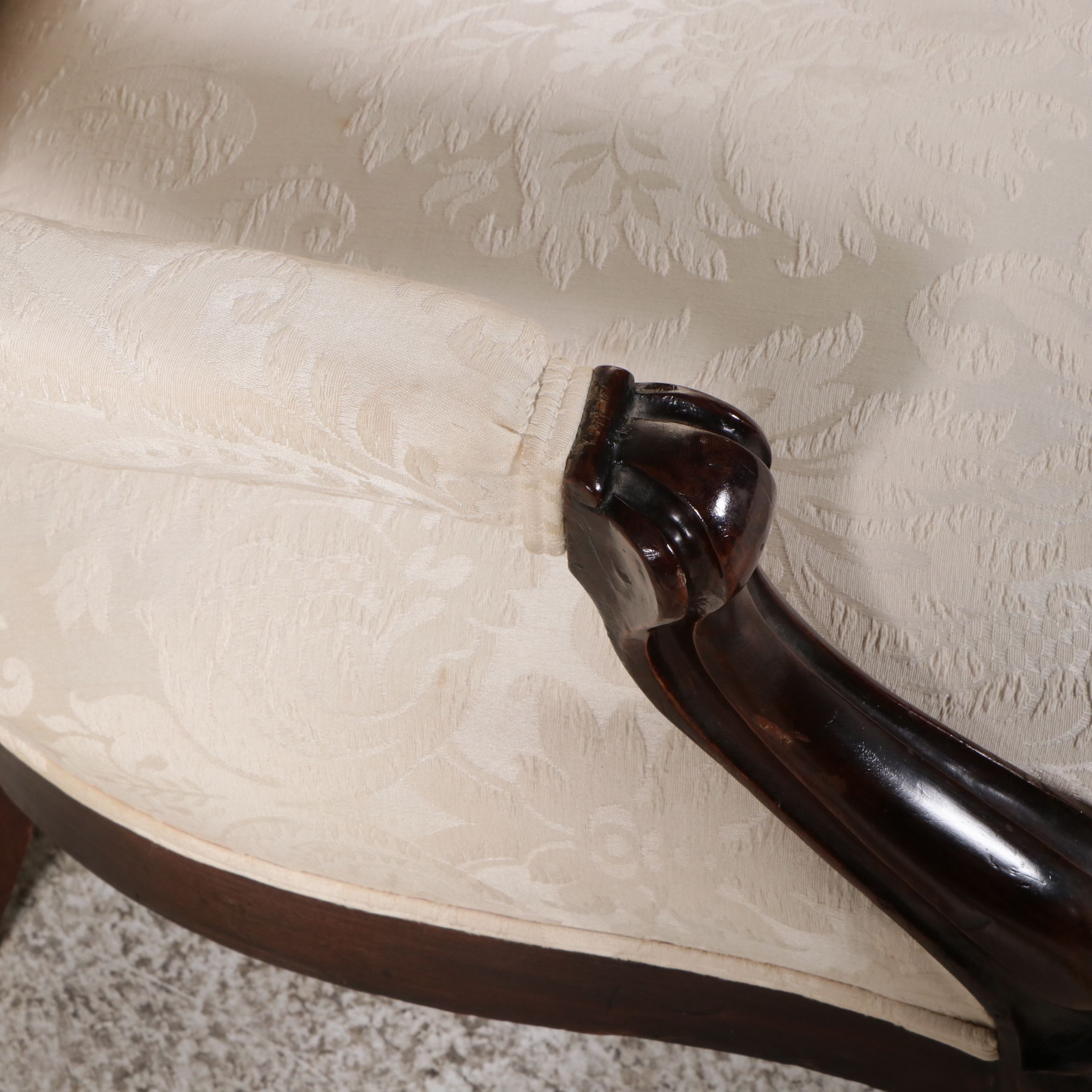 Victorian Rococo Revival Style Damask Upholstered Carved Wood Ladies Armchair