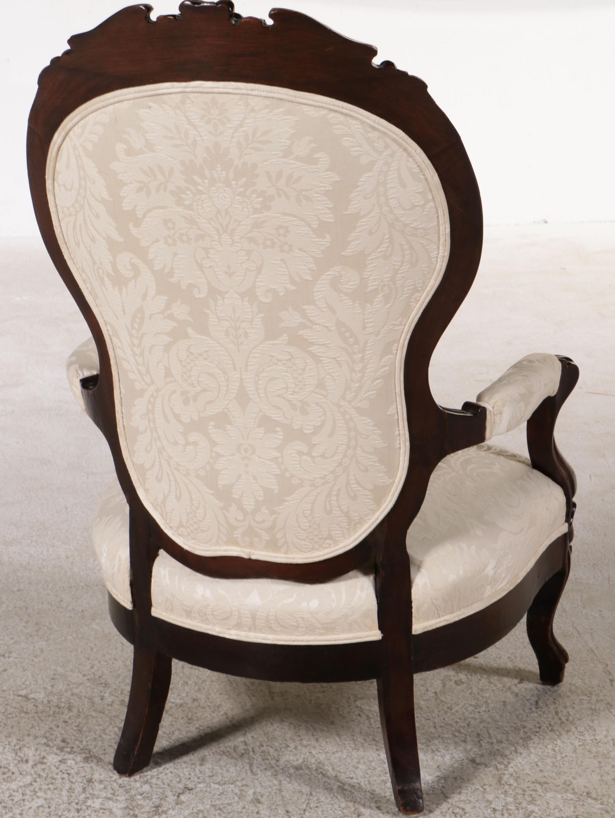 Victorian Rococo Revival Style Damask Upholstered Carved Wood Ladies Armchair