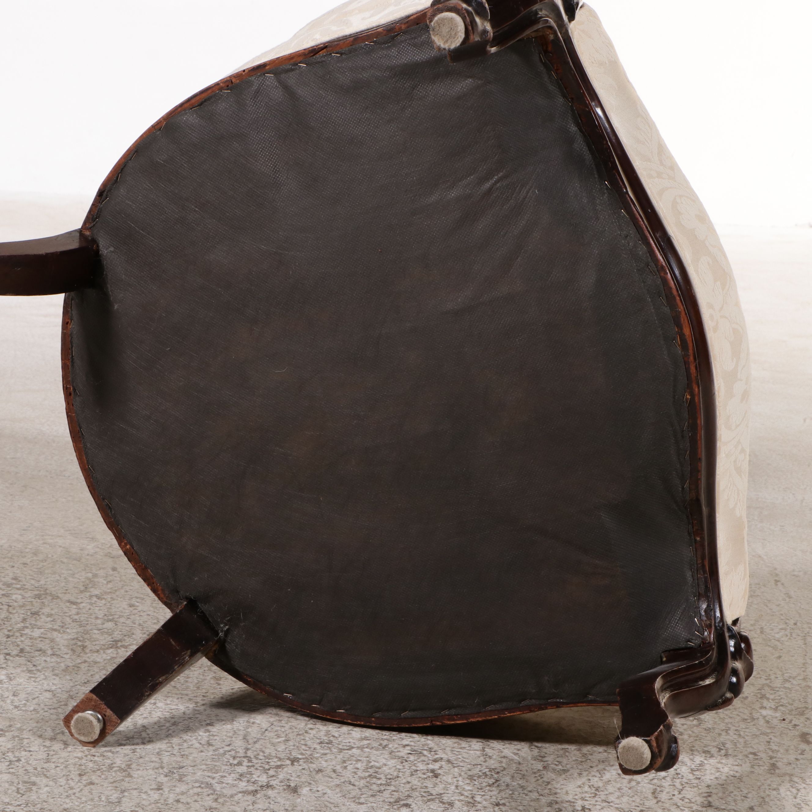 Victorian Rococo Revival Style Damask Upholstered Carved Wood Ladies Armchair