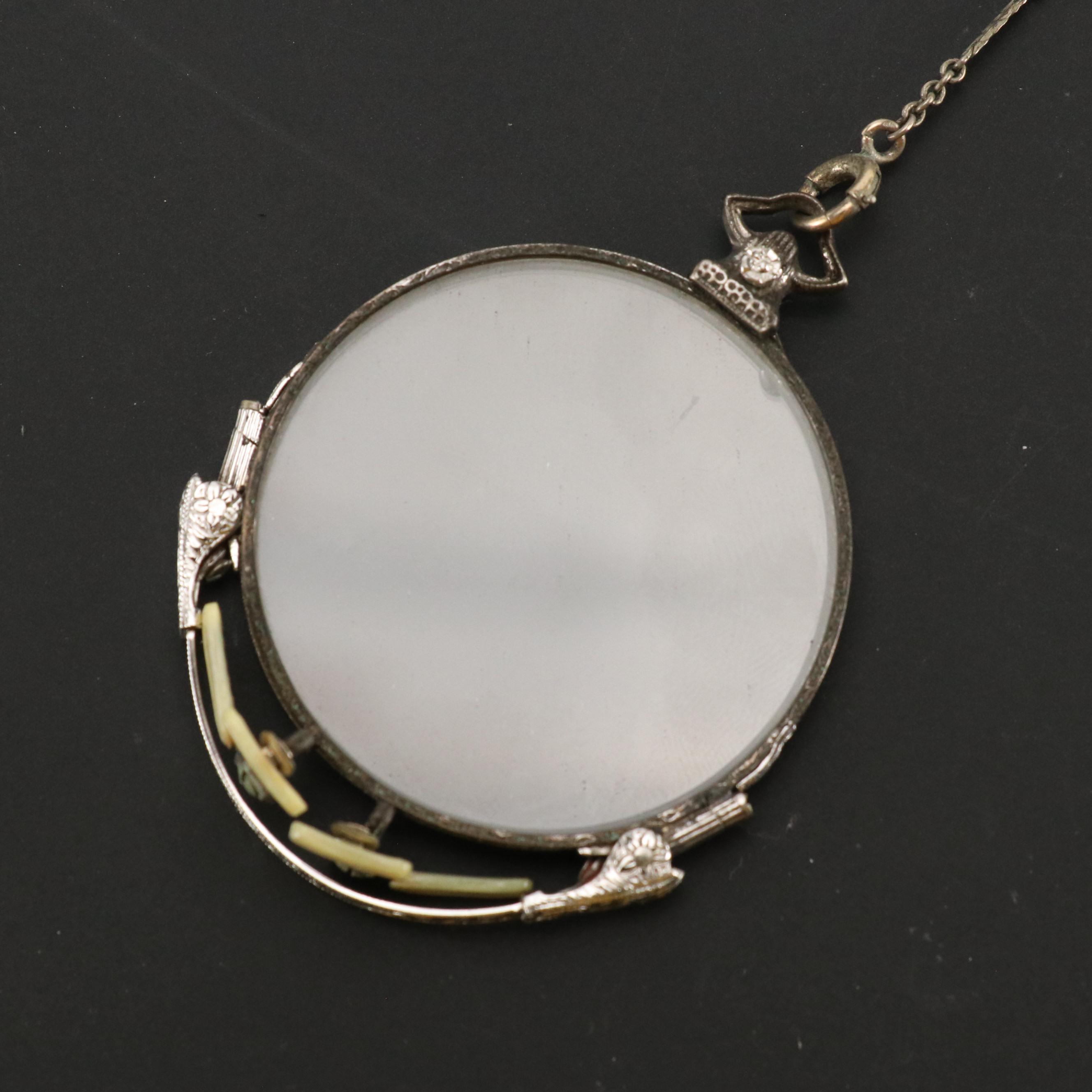 Antique White Gold Filled Oxford Pince Nez Rx Eyeglasses with Chain and Case