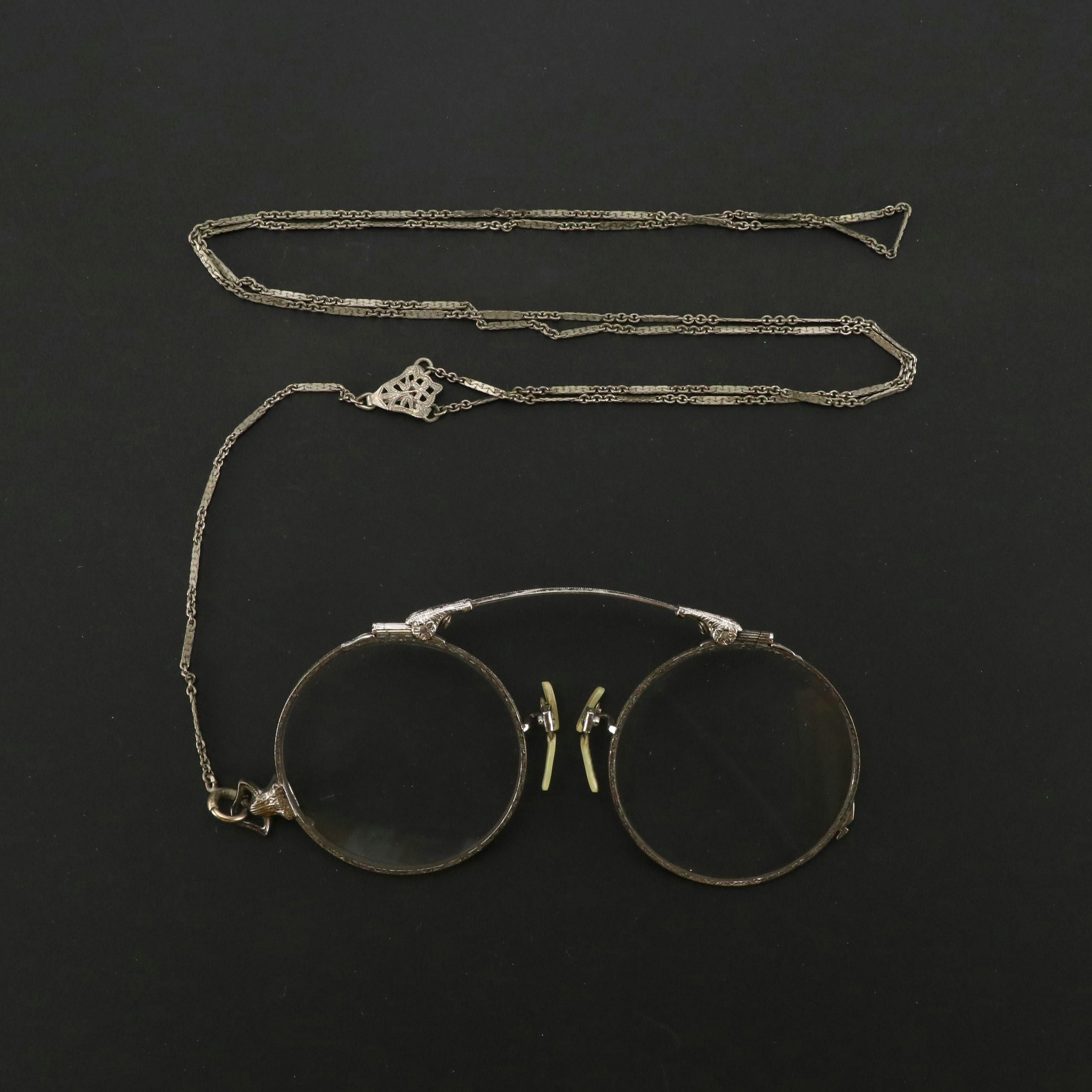 Antique White Gold Filled Oxford Pince Nez Rx Eyeglasses with Chain and Case