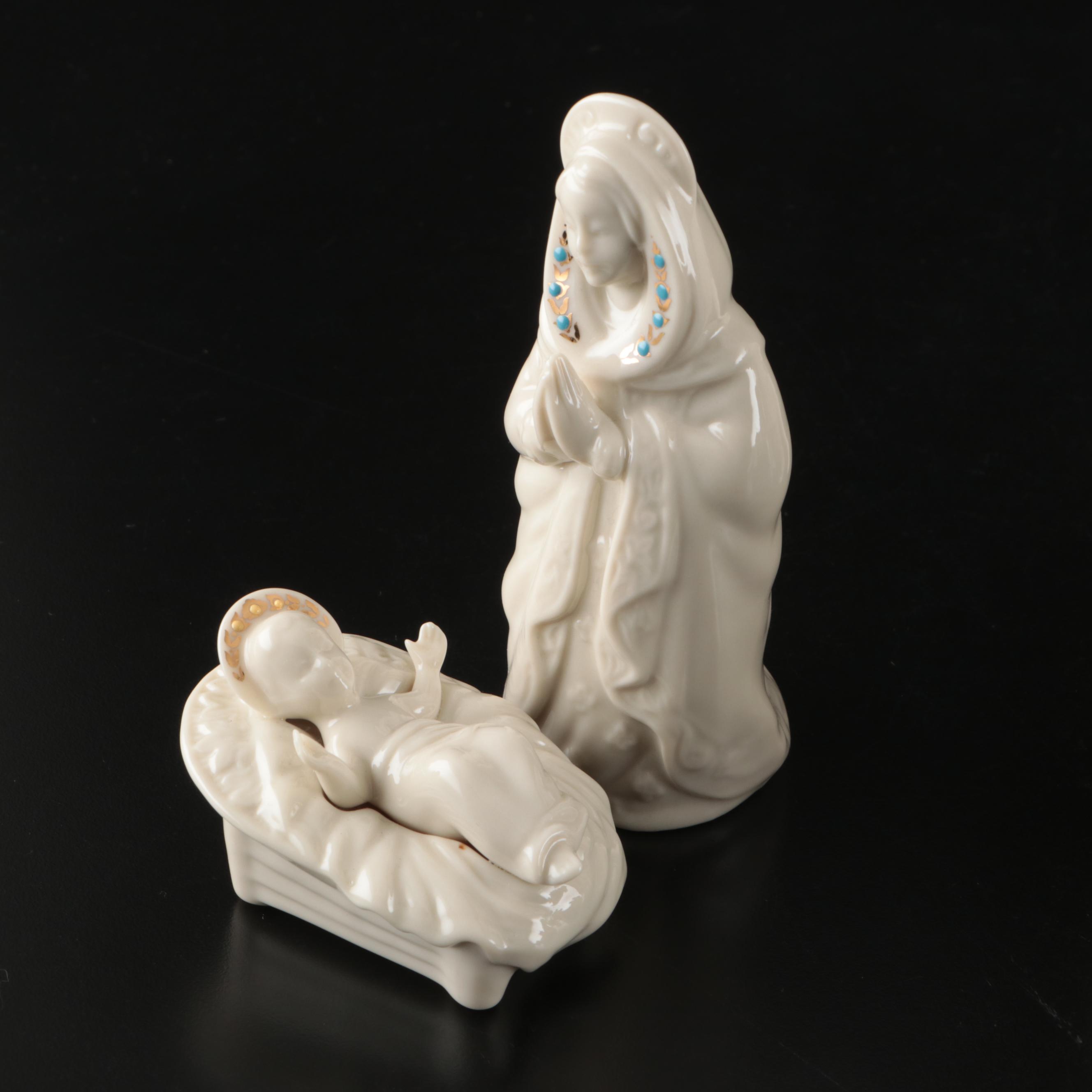 Lenox "China Jewels" Bone China Nativity Scene and Wooden Manger, With Boxes