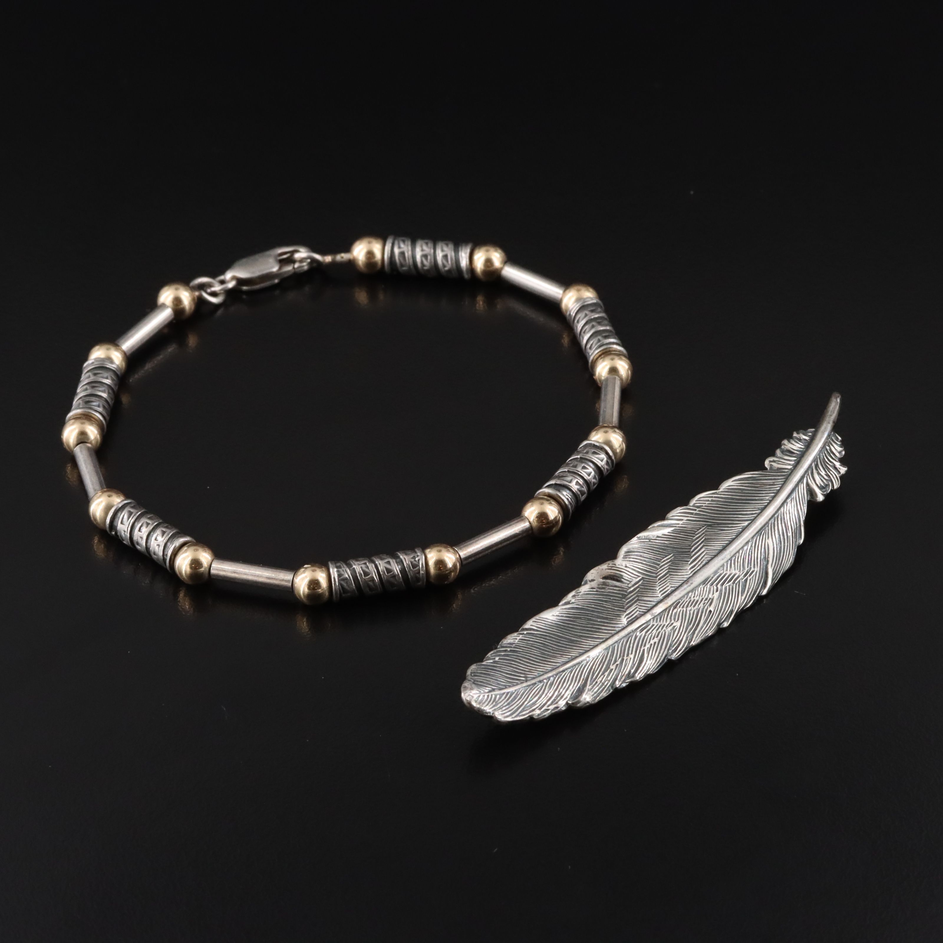Sterling and 10K Bead Bracelet with Feather Brooch