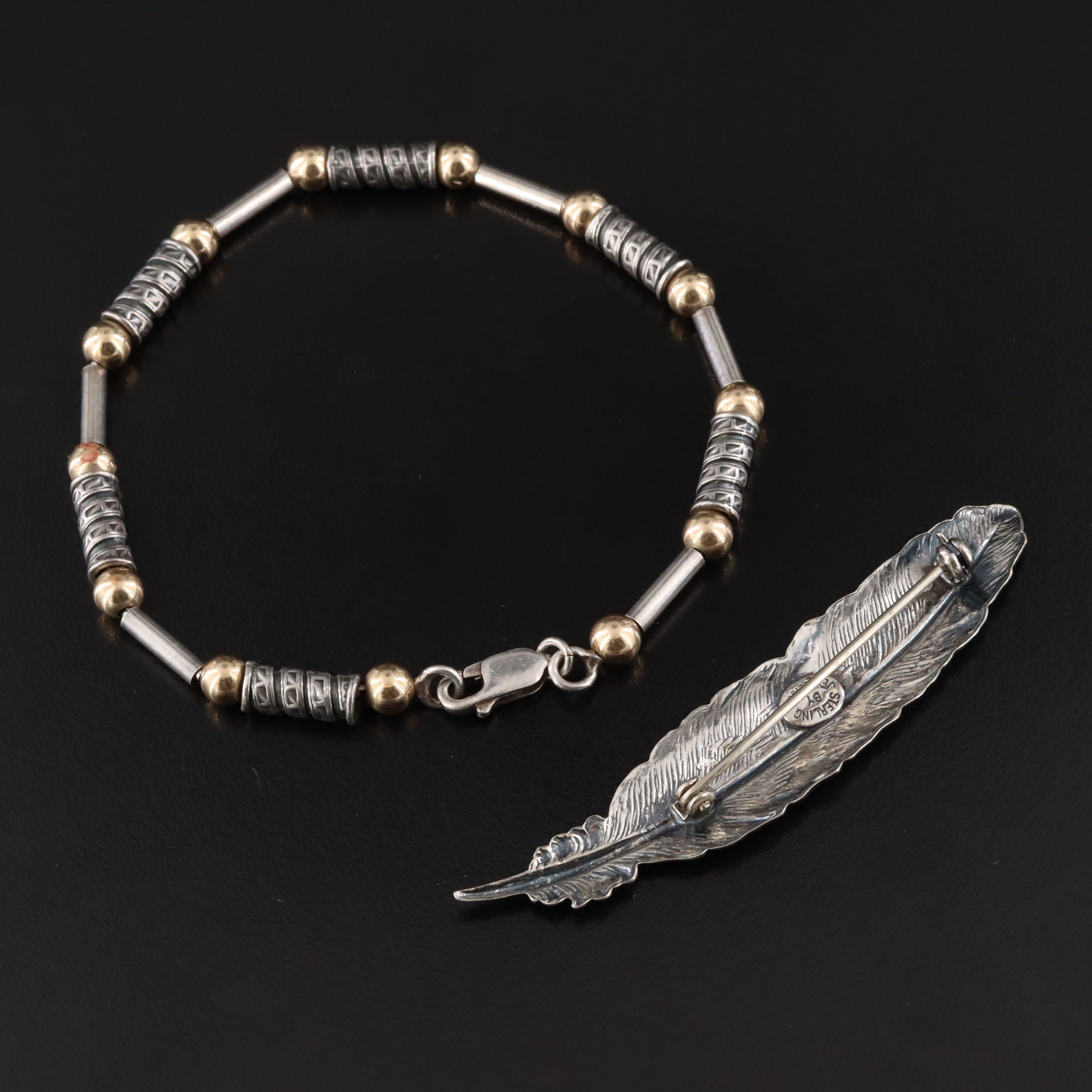 Sterling and 10K Bead Bracelet with Feather Brooch