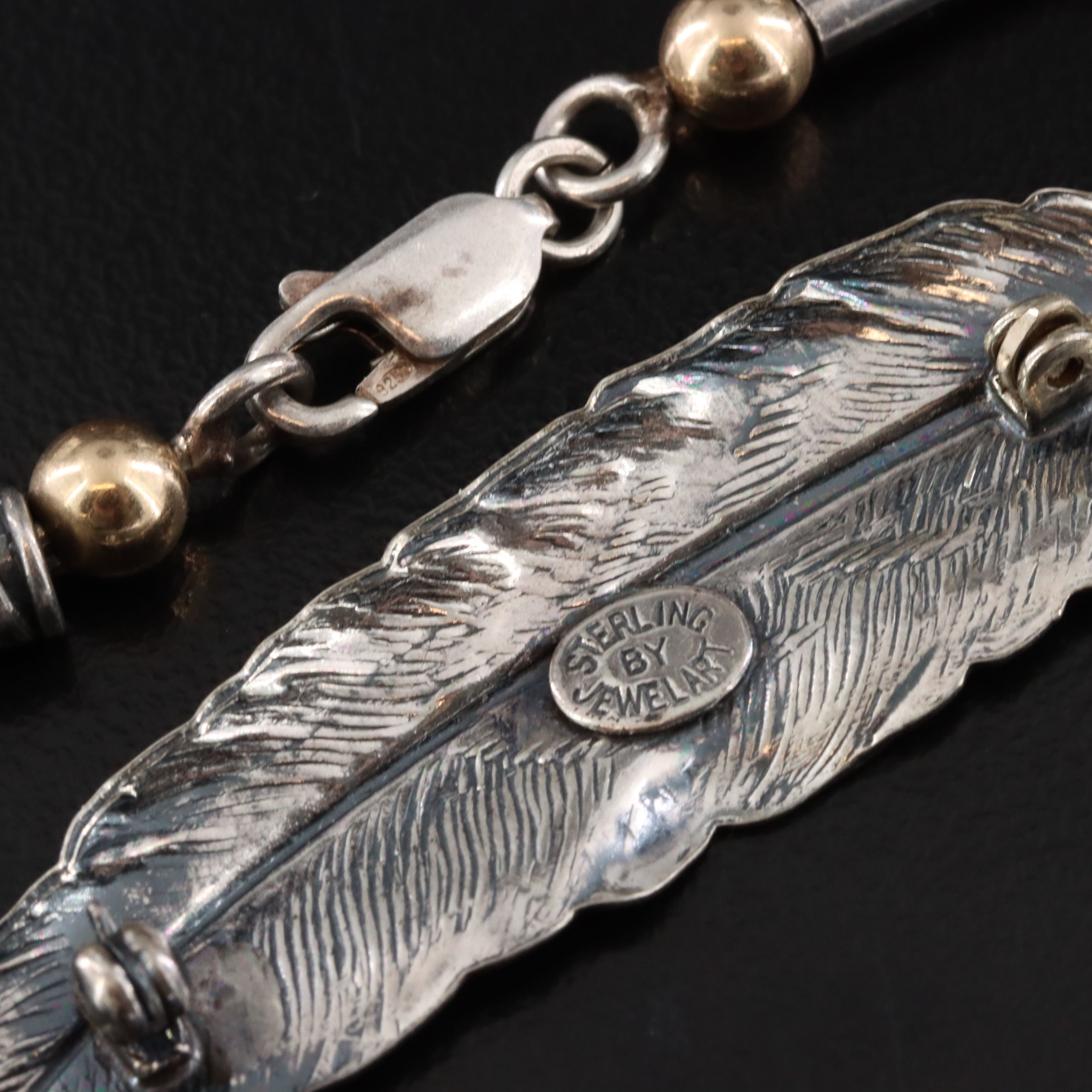 Sterling and 10K Bead Bracelet with Feather Brooch