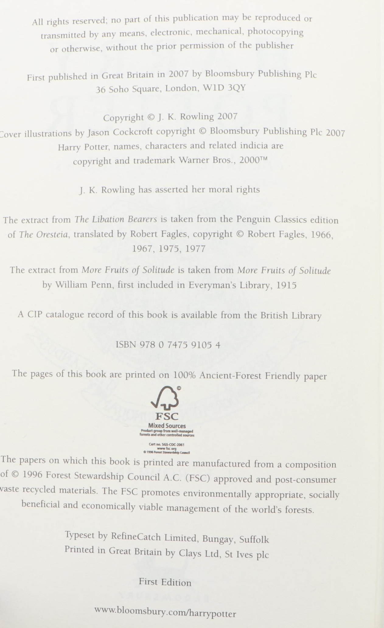 First UK Edition "Harry Potter and the Deathly Hallows" by J. K. Rowling, 2007