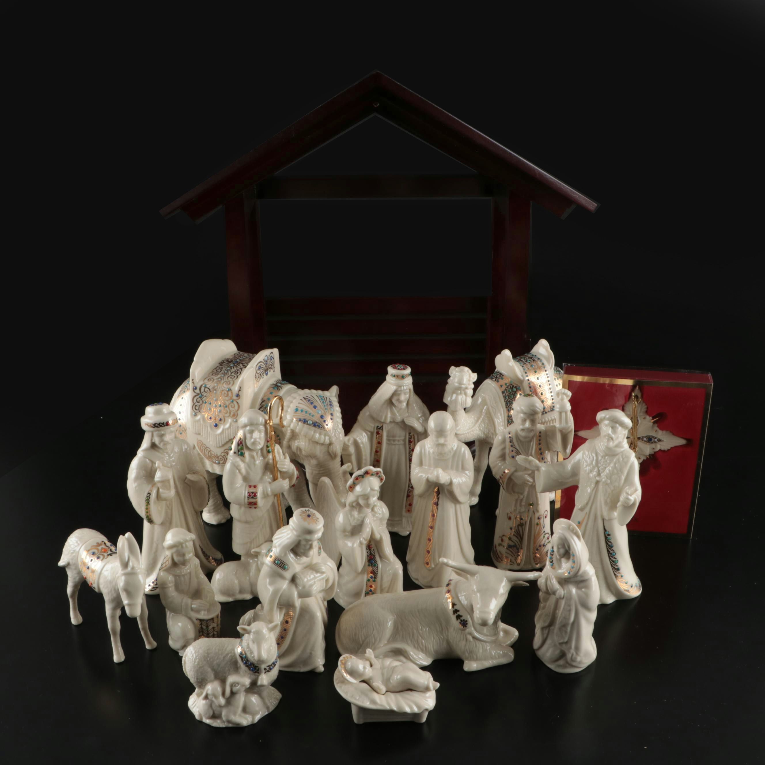 Lenox "China Jewels" Bone China Nativity Scene and Wooden Manger, With Boxes