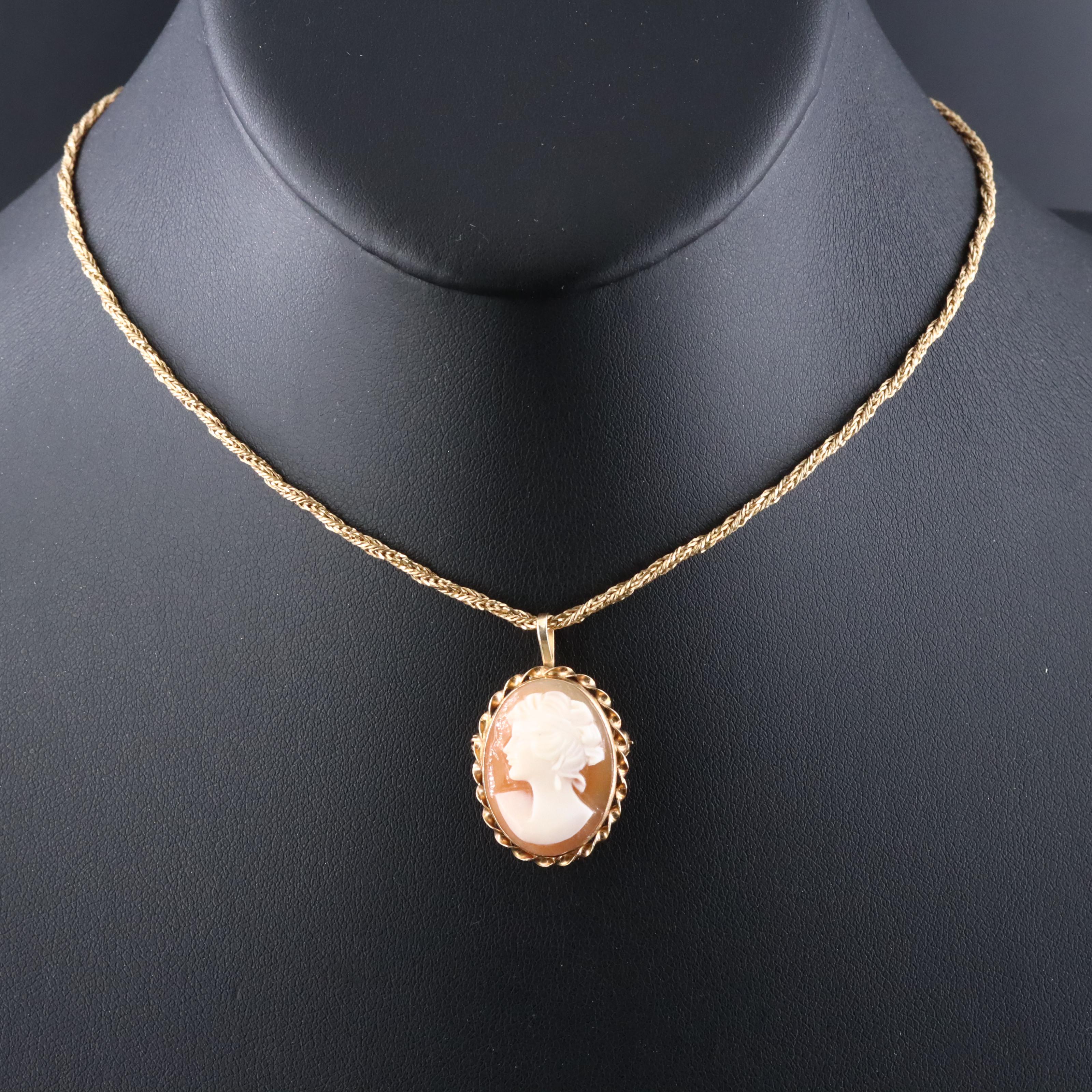 Italian 14K Shell Cameo Converter Pendant Necklace