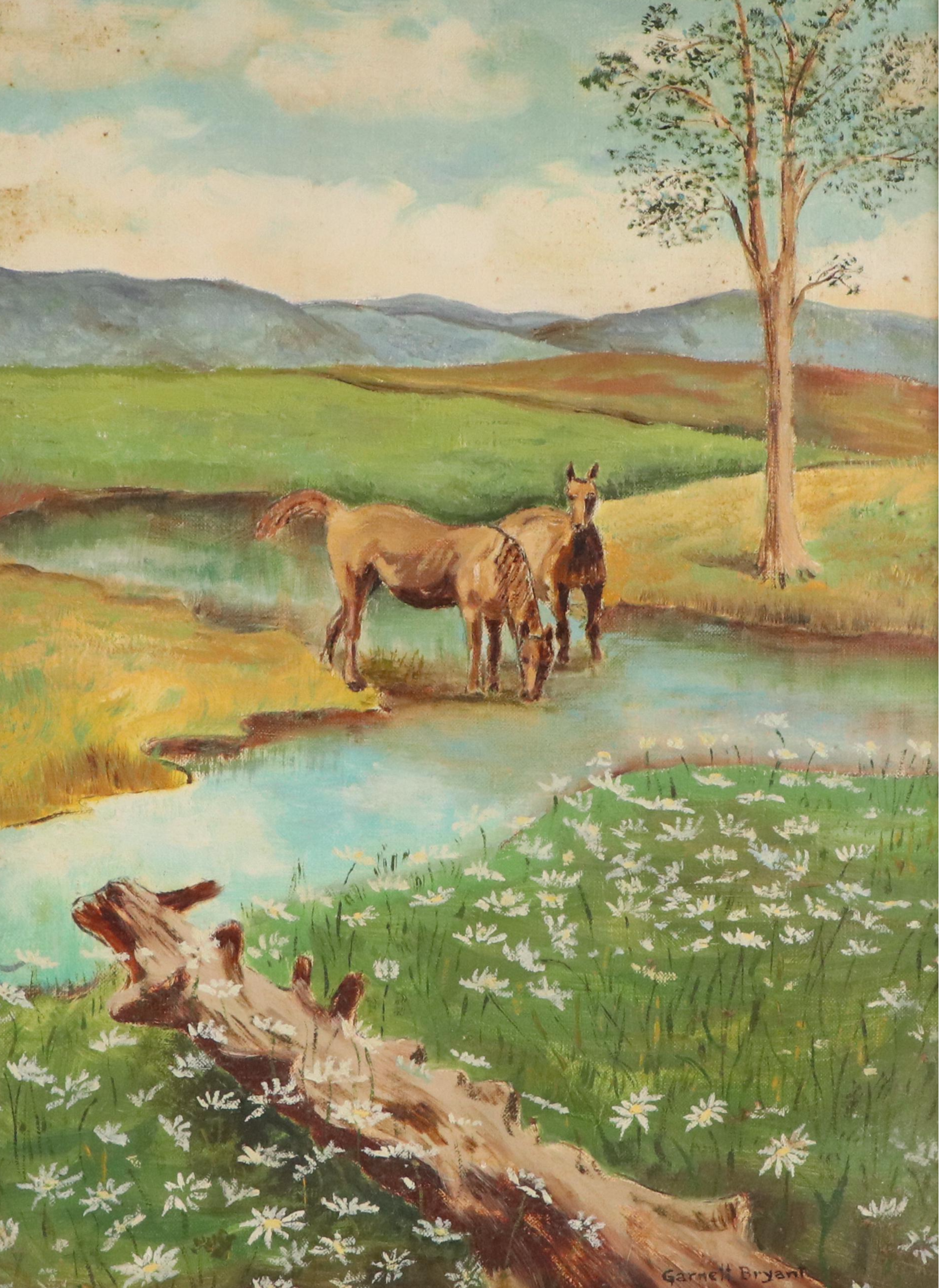 Garnett Bryant Stamper Oil Painting of Pastoral Landscape with Horses, 20th C.