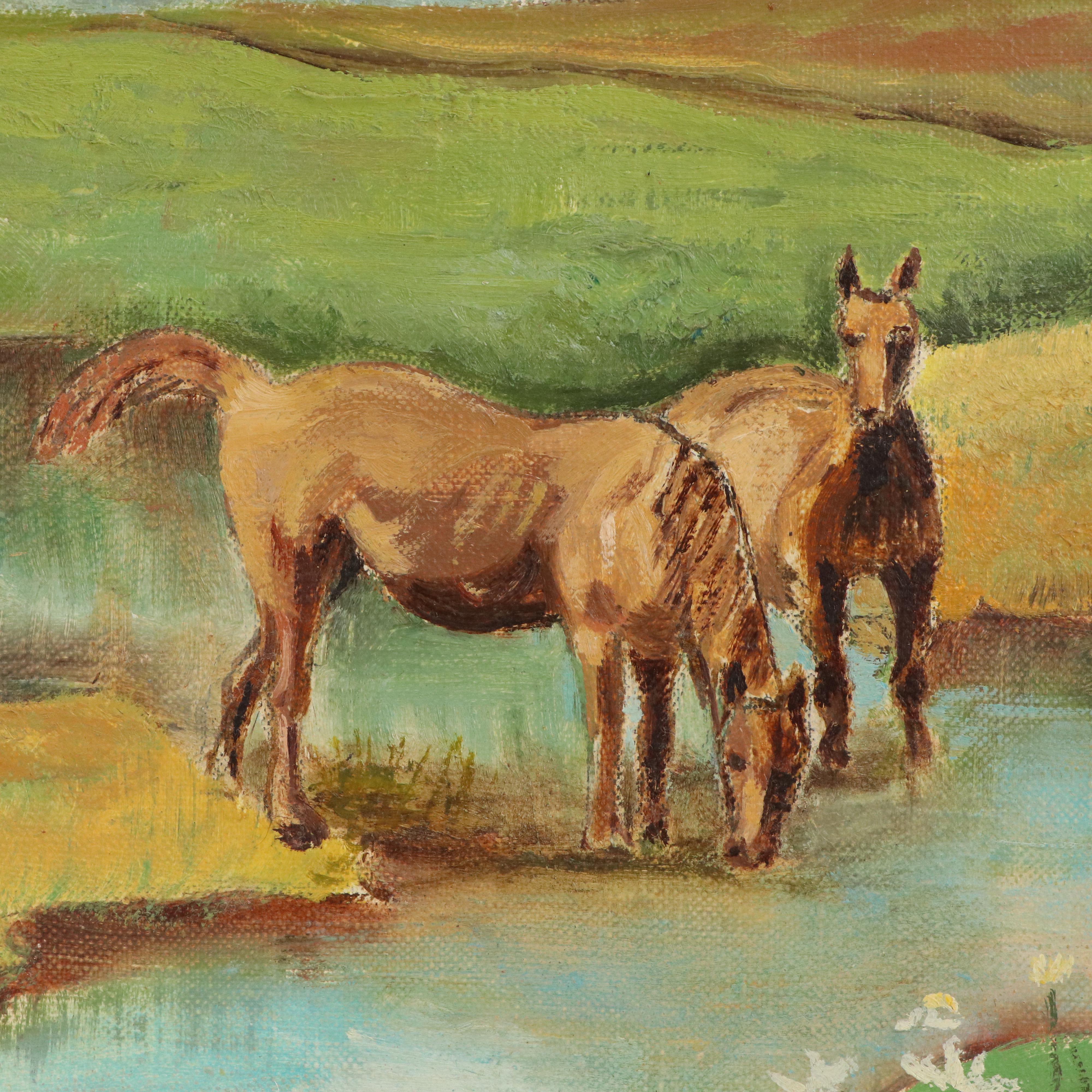 Garnett Bryant Stamper Oil Painting of Pastoral Landscape with Horses, 20th C.