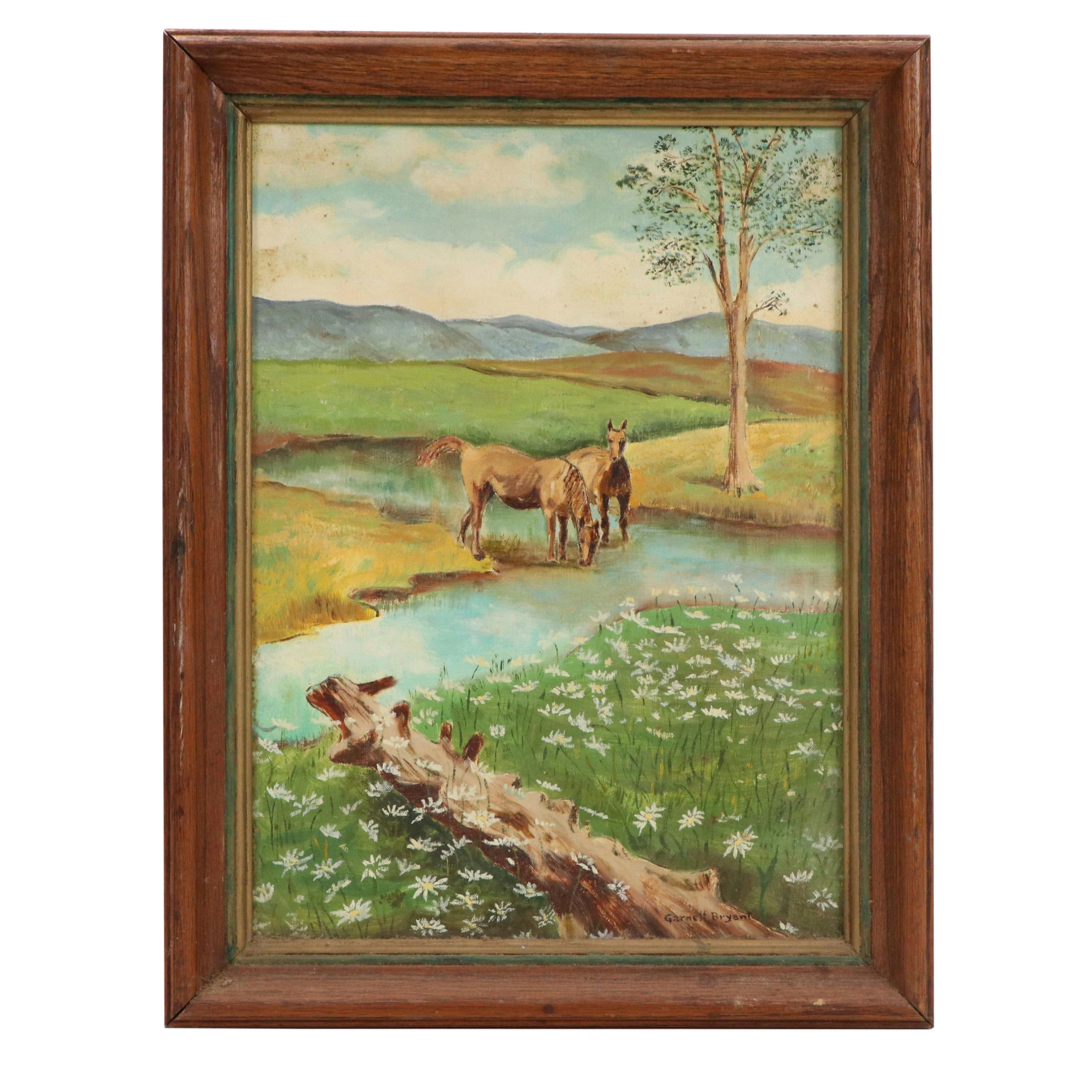 Garnett Bryant Stamper Oil Painting of Pastoral Landscape with Horses, 20th C.