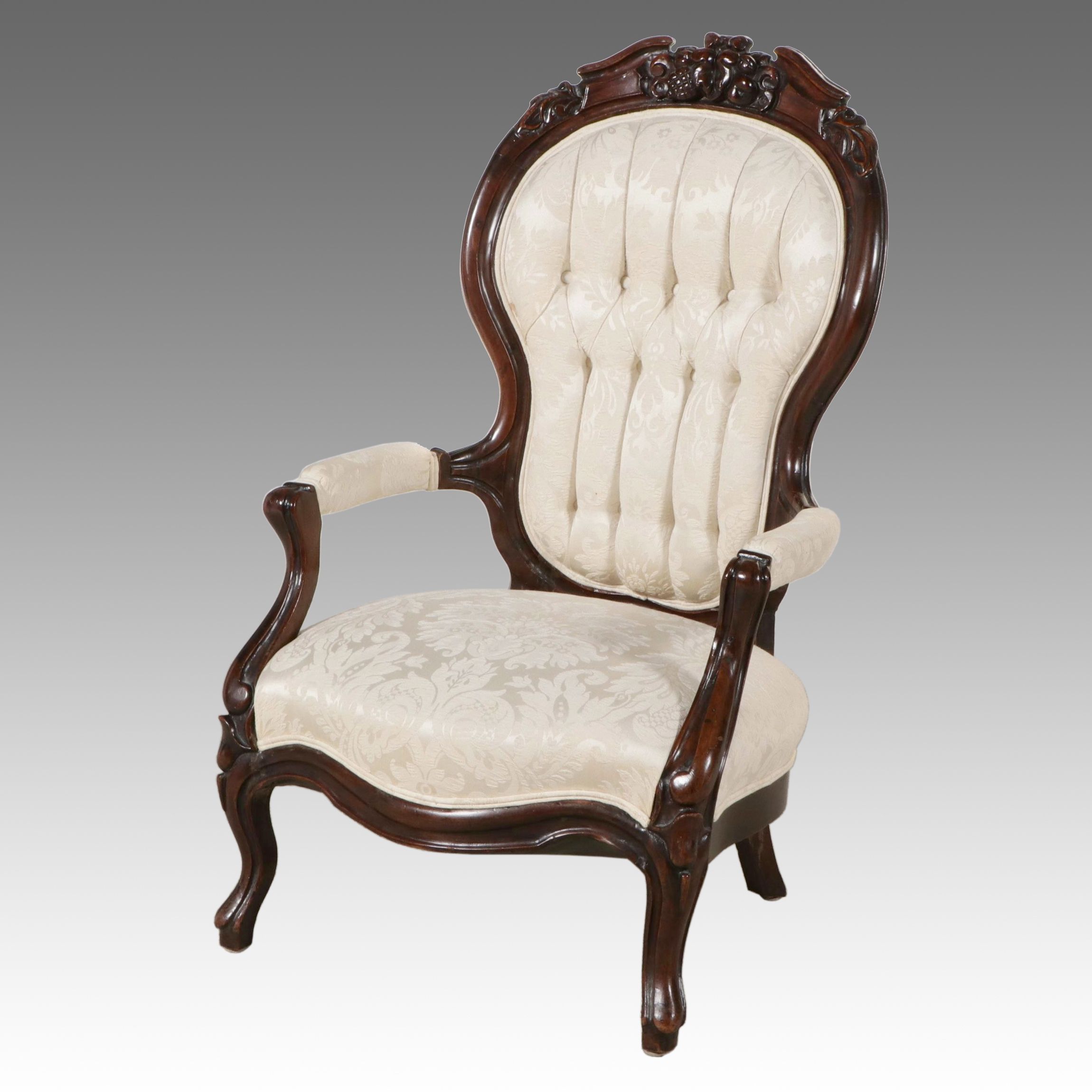 Victorian Rococo Revival Style Damask Upholstered Carved Wood Ladies Armchair