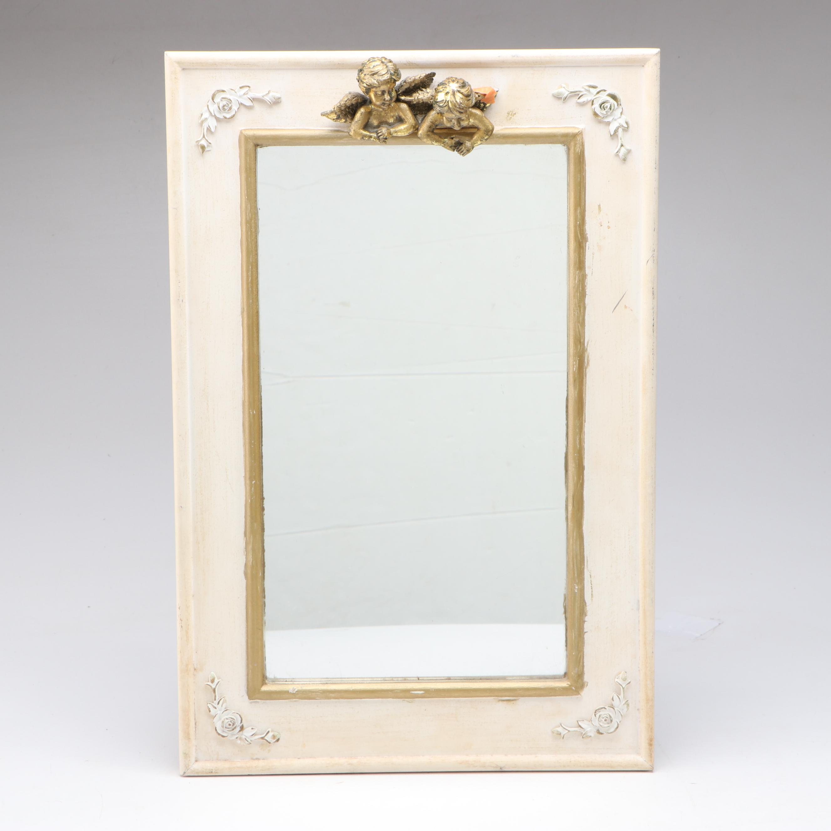 Papier-Mâché and Composition Doll with Cherub Accented Framed Wall Mirror