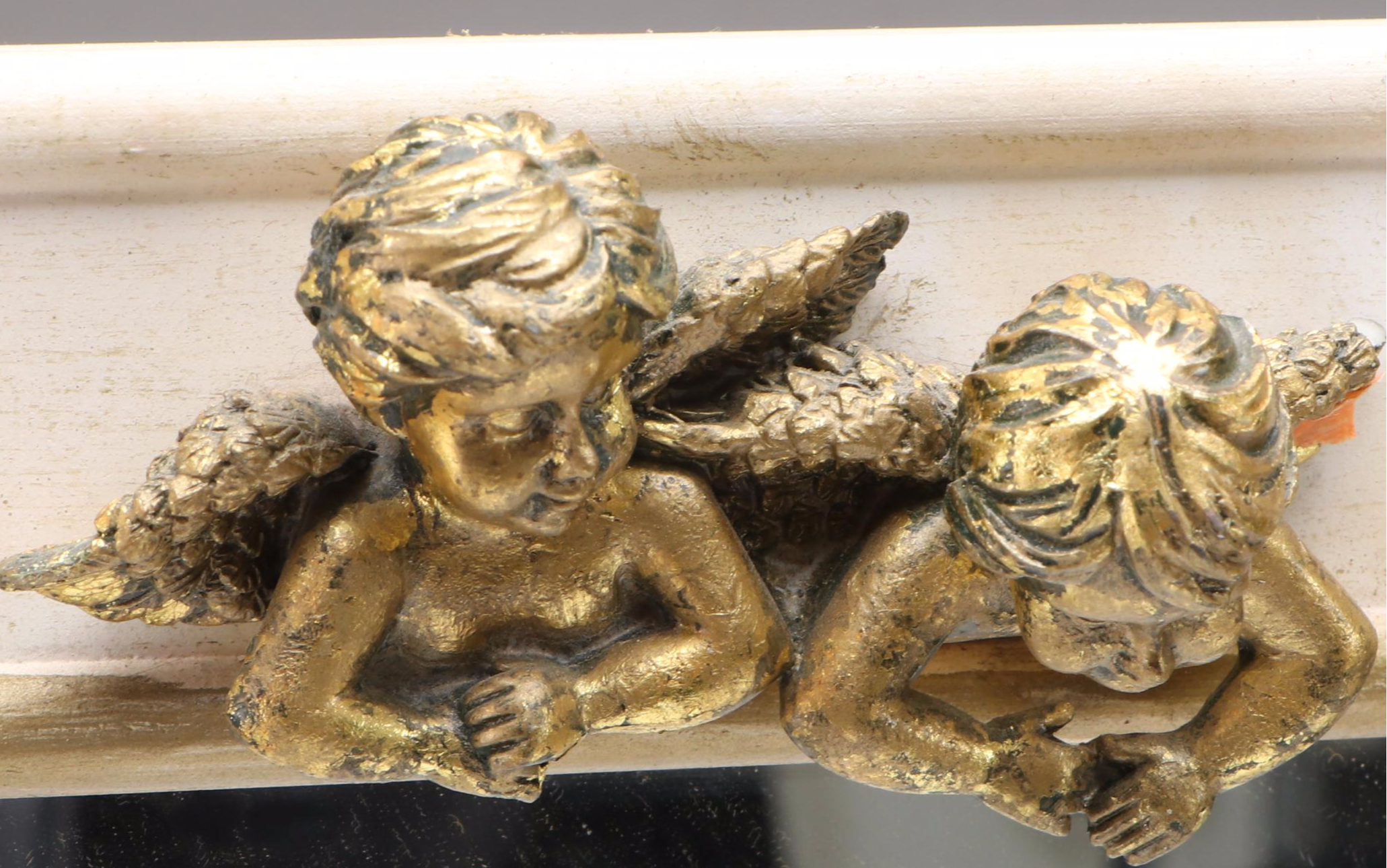 Papier-Mâché and Composition Doll with Cherub Accented Framed Wall Mirror