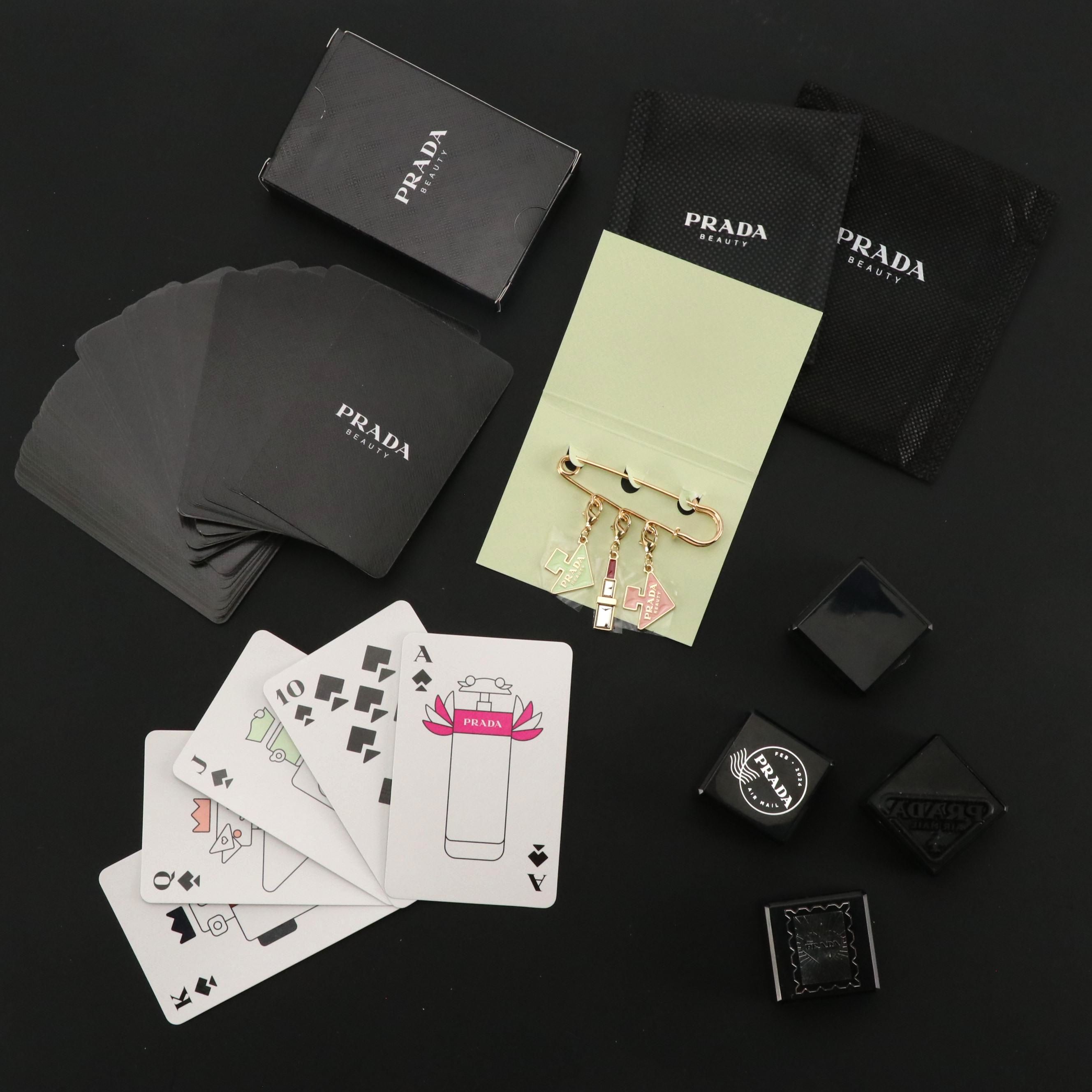 Prada Beauty Promotional Playing Cards, Charms Brooch Pin, and Stamp Set