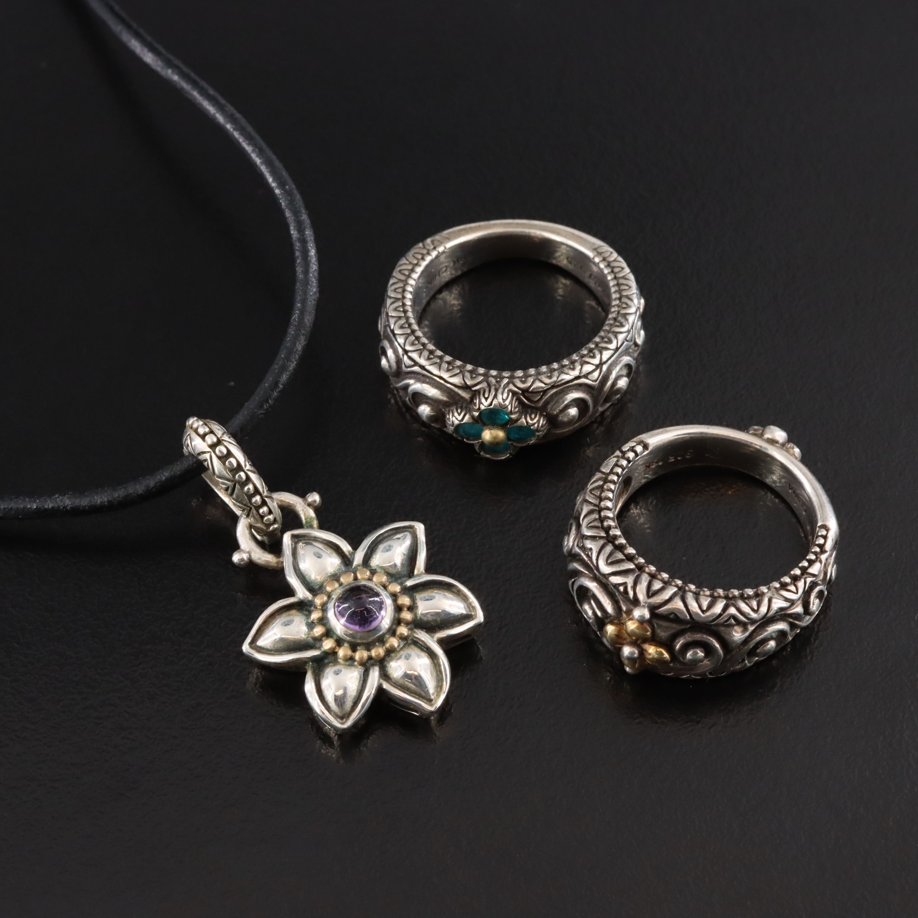 Barbara Bixby Sterling Floral Rings and Necklace with 18K Accents with Amethyst