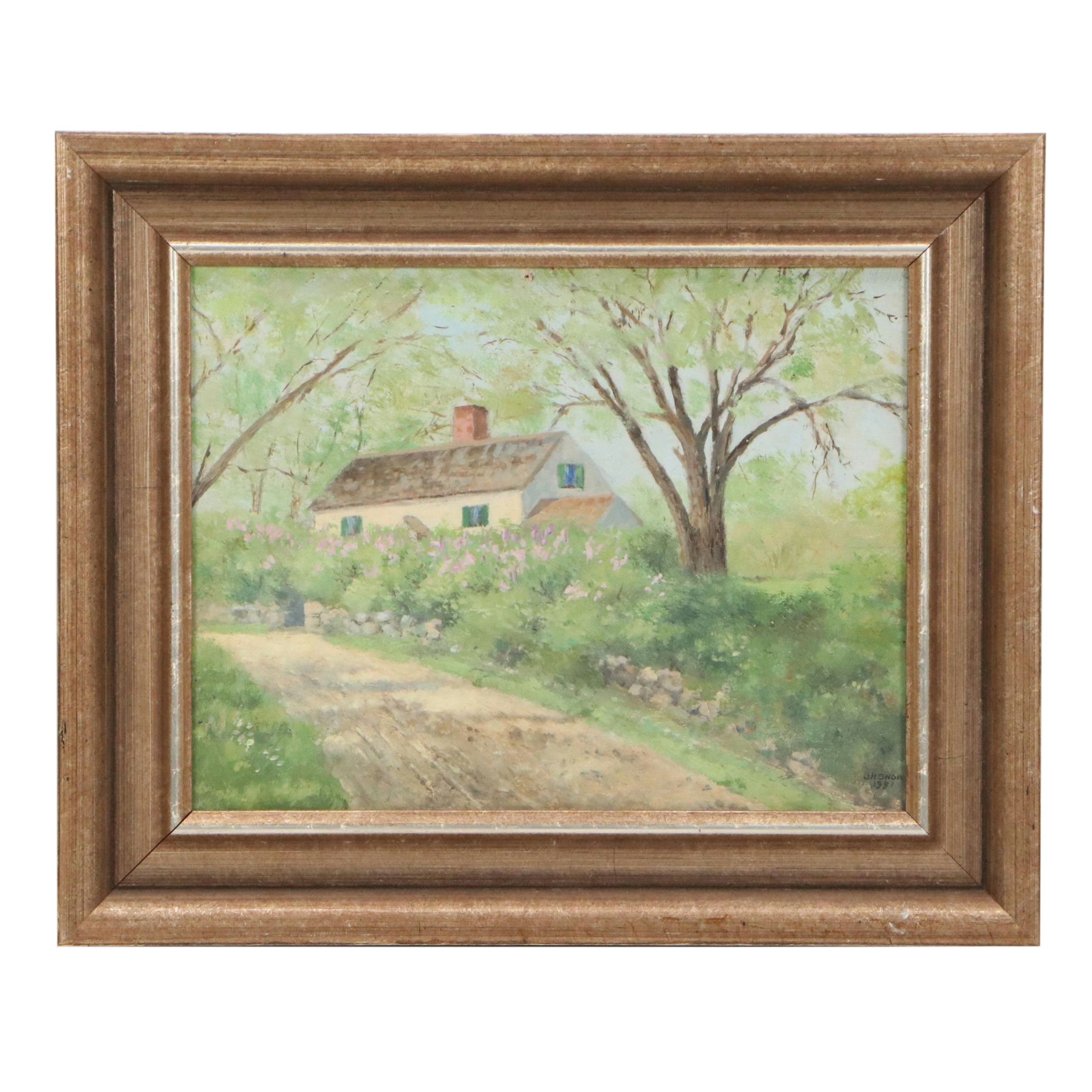 John Harold Thomas Snow Oil Painting of Rural Home, 1931