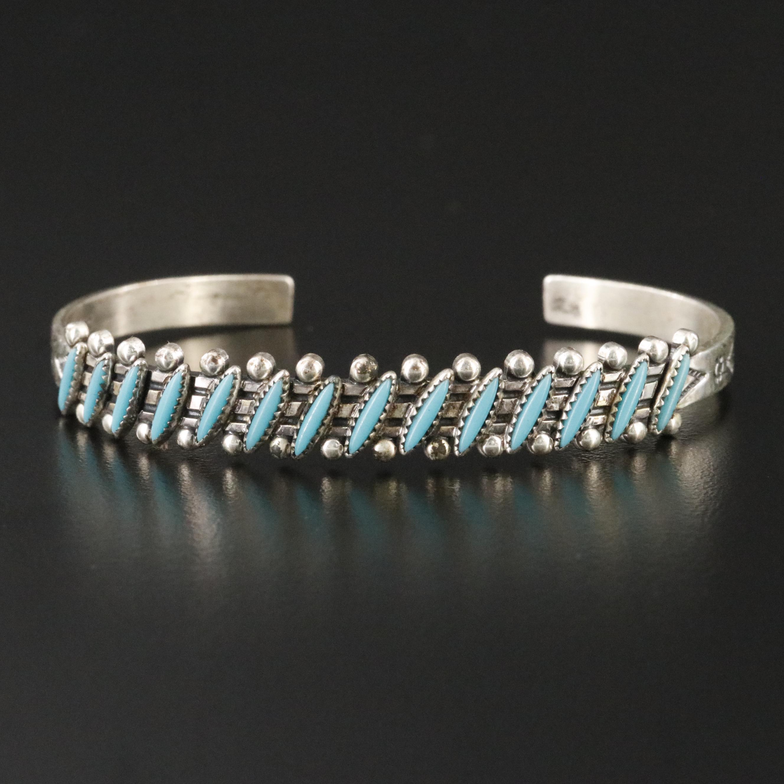 Bell Trading Post Sterling Needlepoint Turquoise Cuff Bracelet