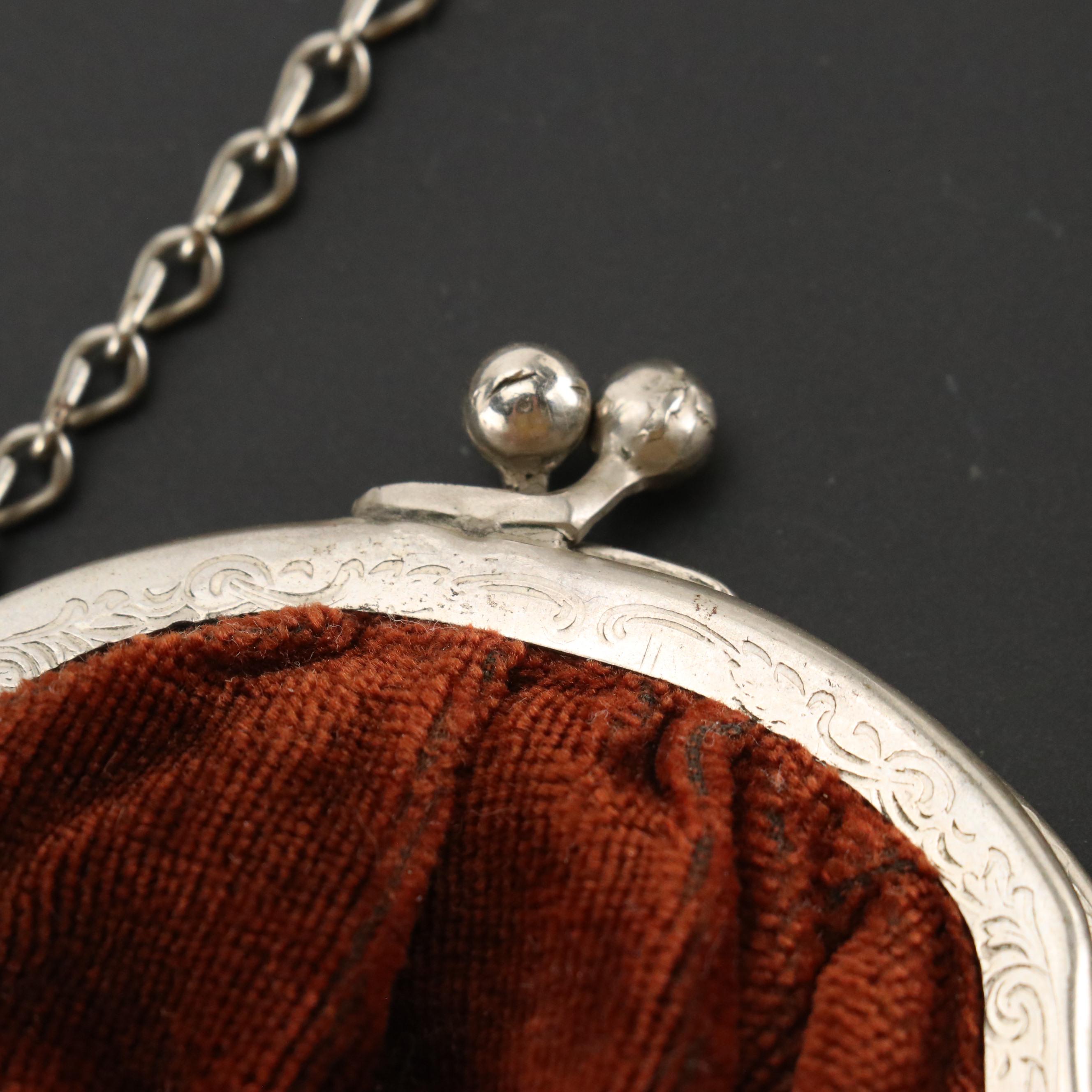 Silver Tone Kisslock Velvet Handbag with Acorn Dangle, Early 20th Century