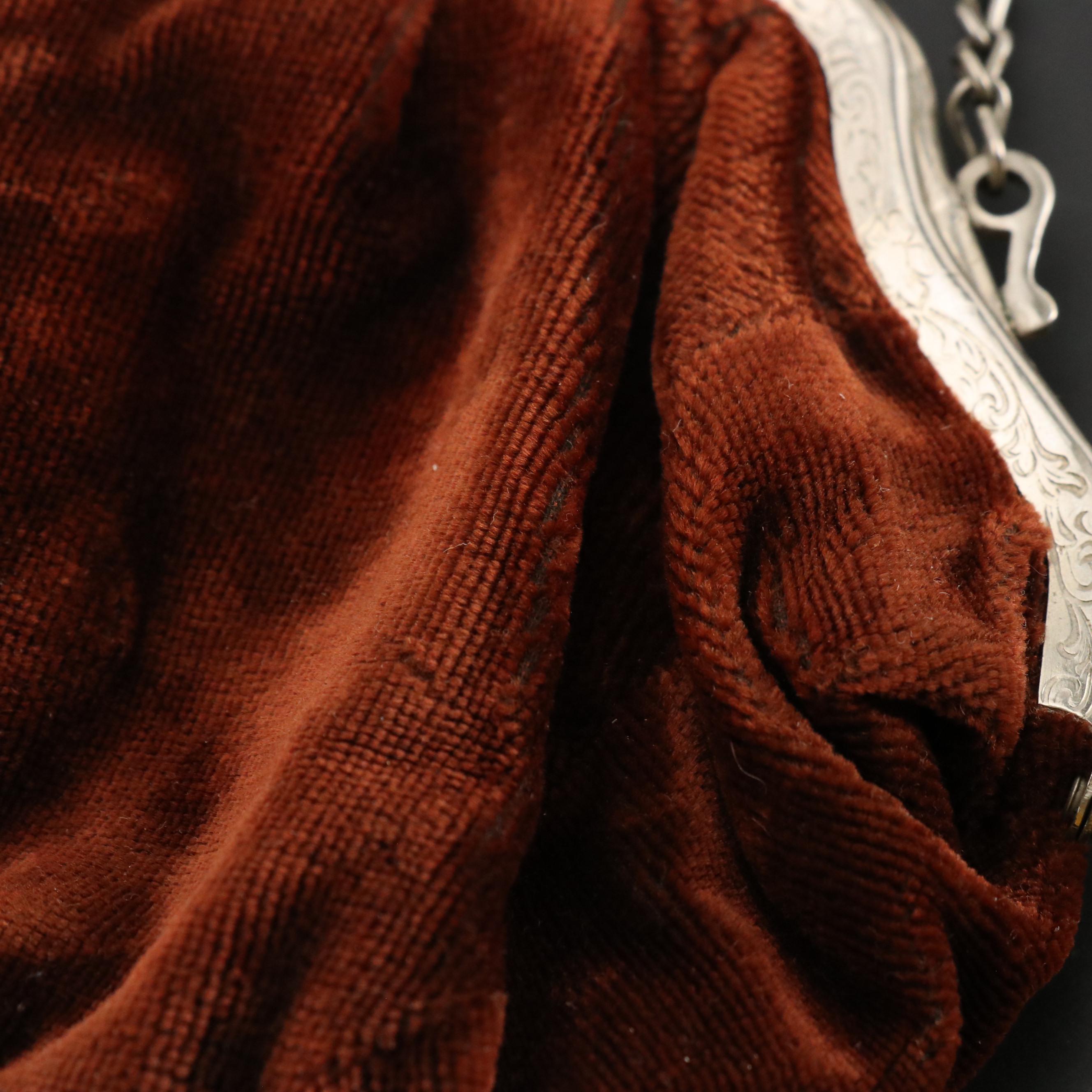 Silver Tone Kisslock Velvet Handbag with Acorn Dangle, Early 20th Century