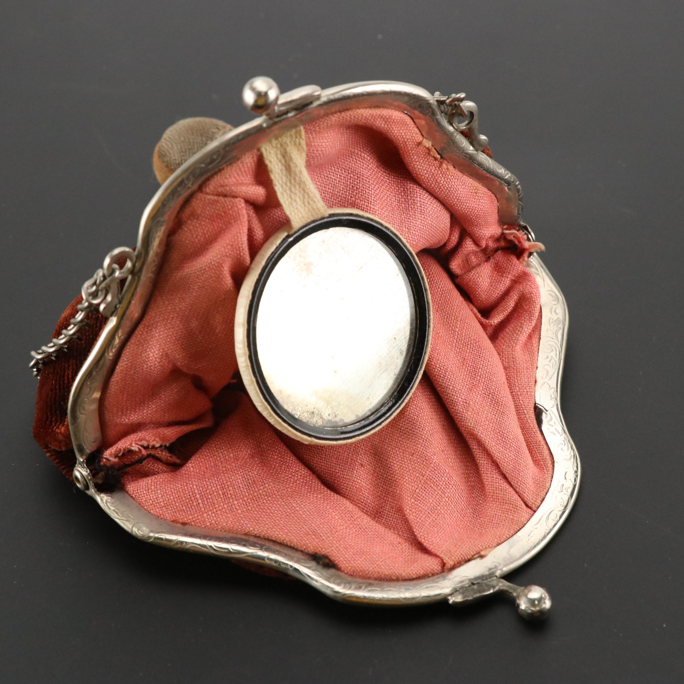 Silver Tone Kisslock Velvet Handbag with Acorn Dangle, Early 20th Century
