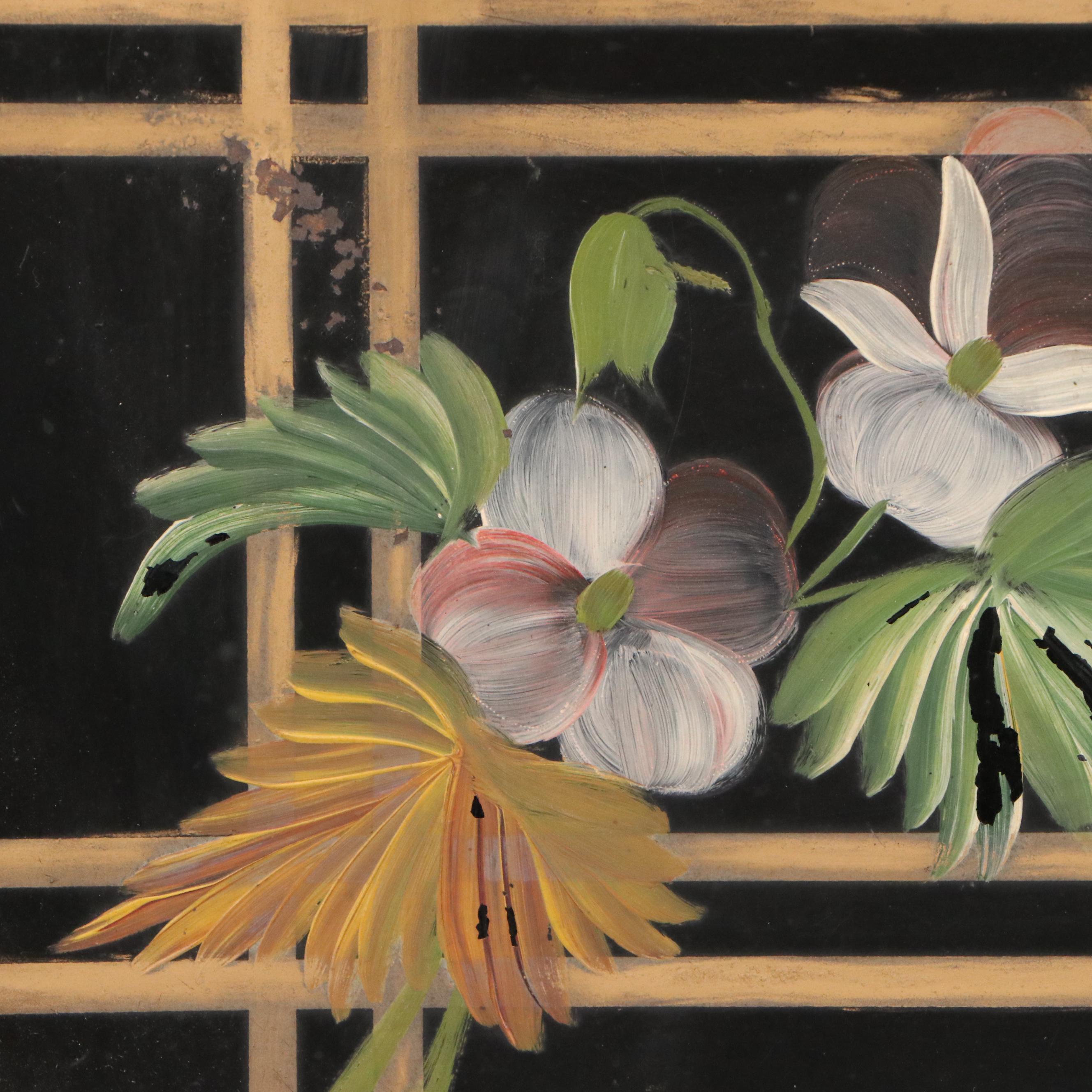 Floral Oil Painting with Stripes, Mid to Late 20th Century