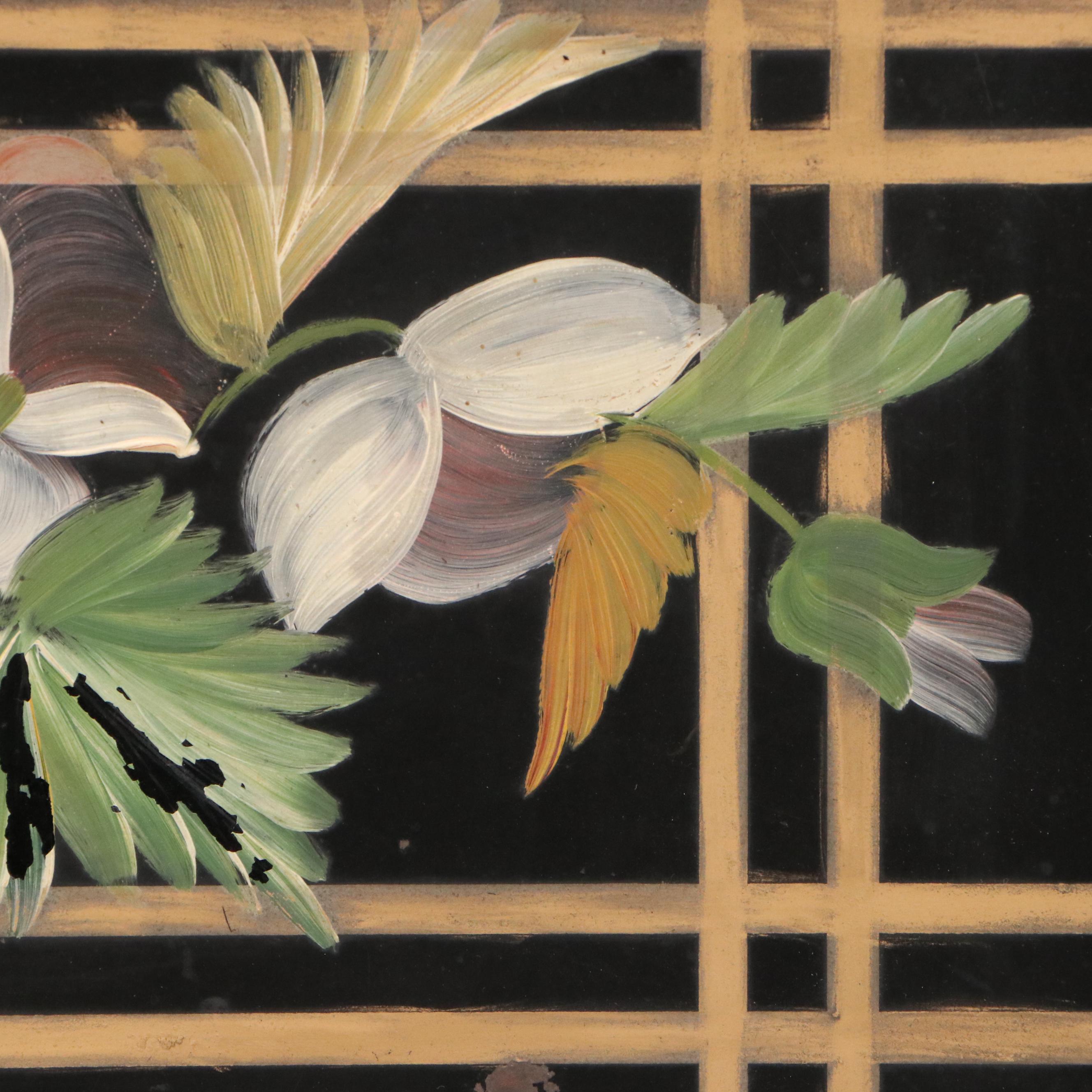 Floral Oil Painting with Stripes, Mid to Late 20th Century