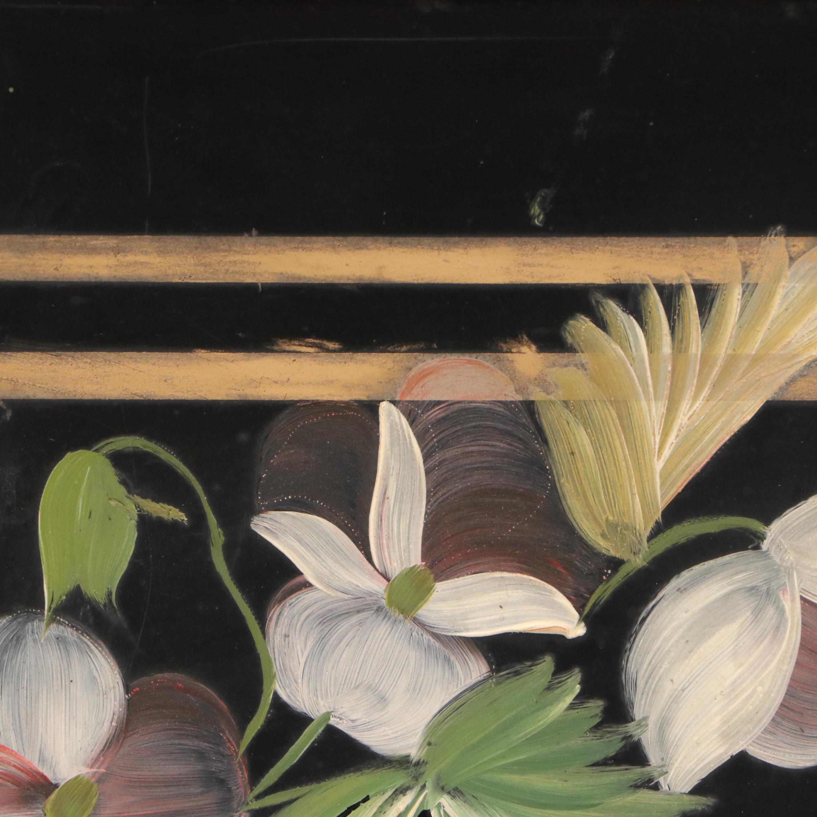Floral Oil Painting with Stripes, Mid to Late 20th Century