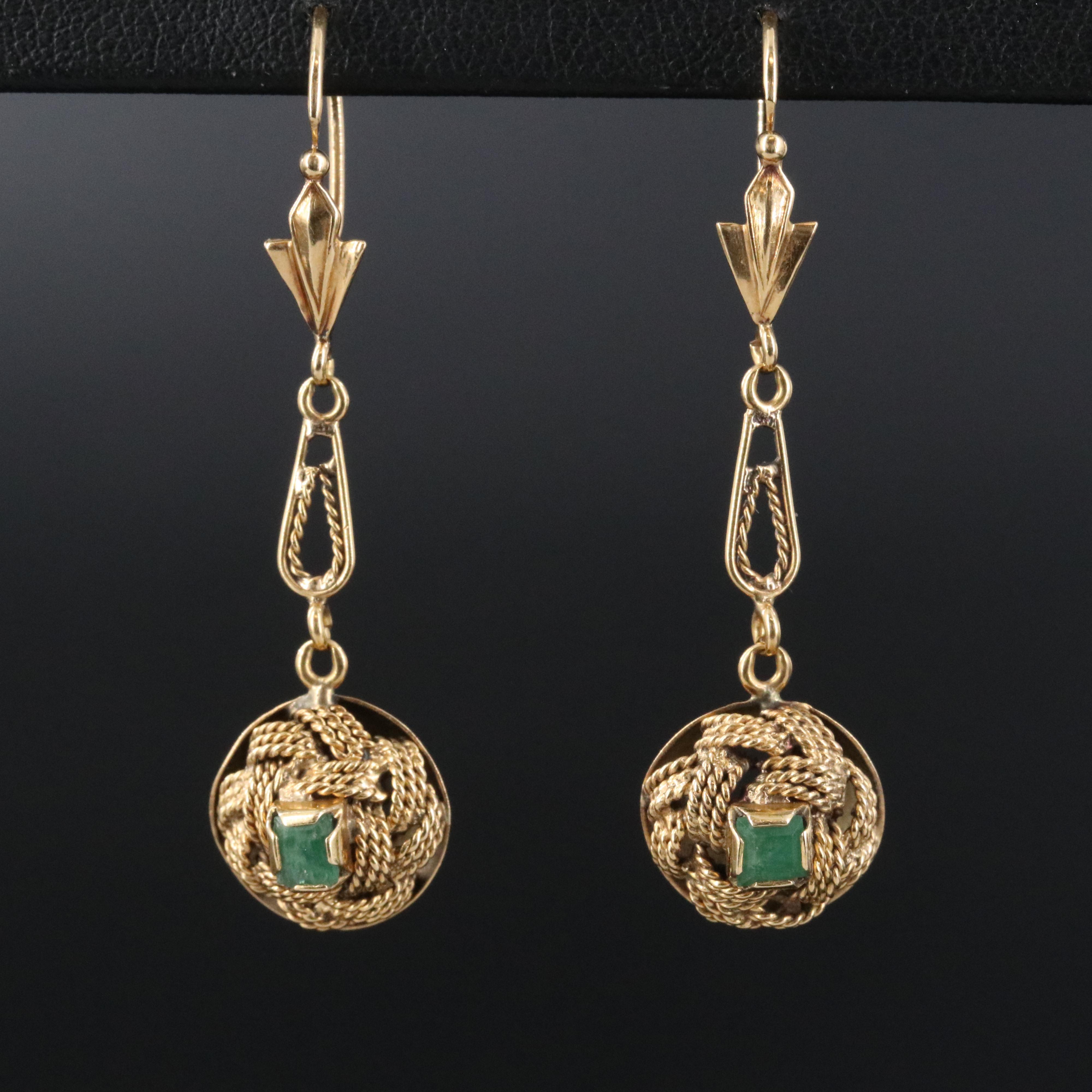 18K Emerald Rope Knot Earrings Vintage
