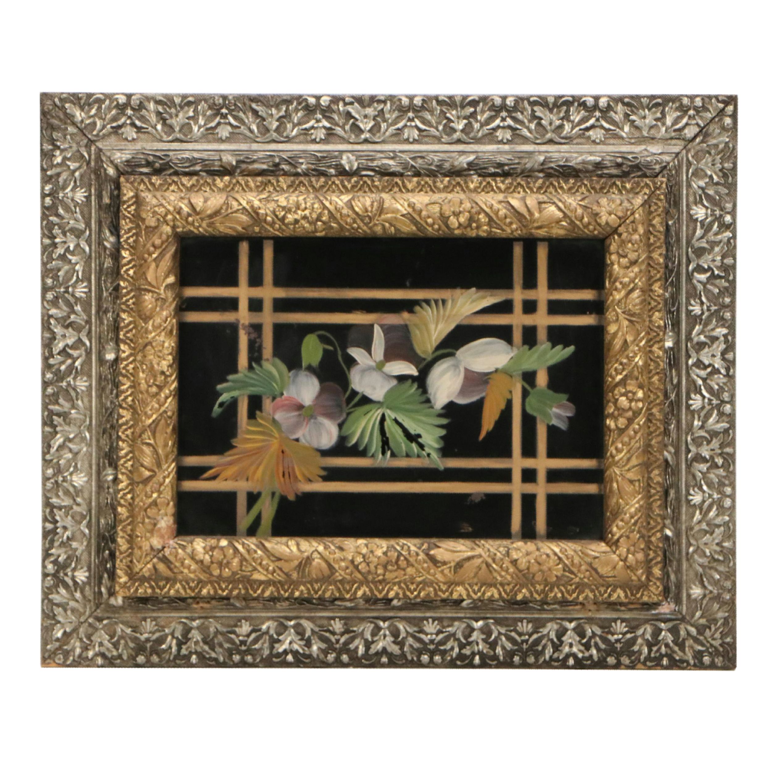 Floral Oil Painting with Stripes, Mid to Late 20th Century