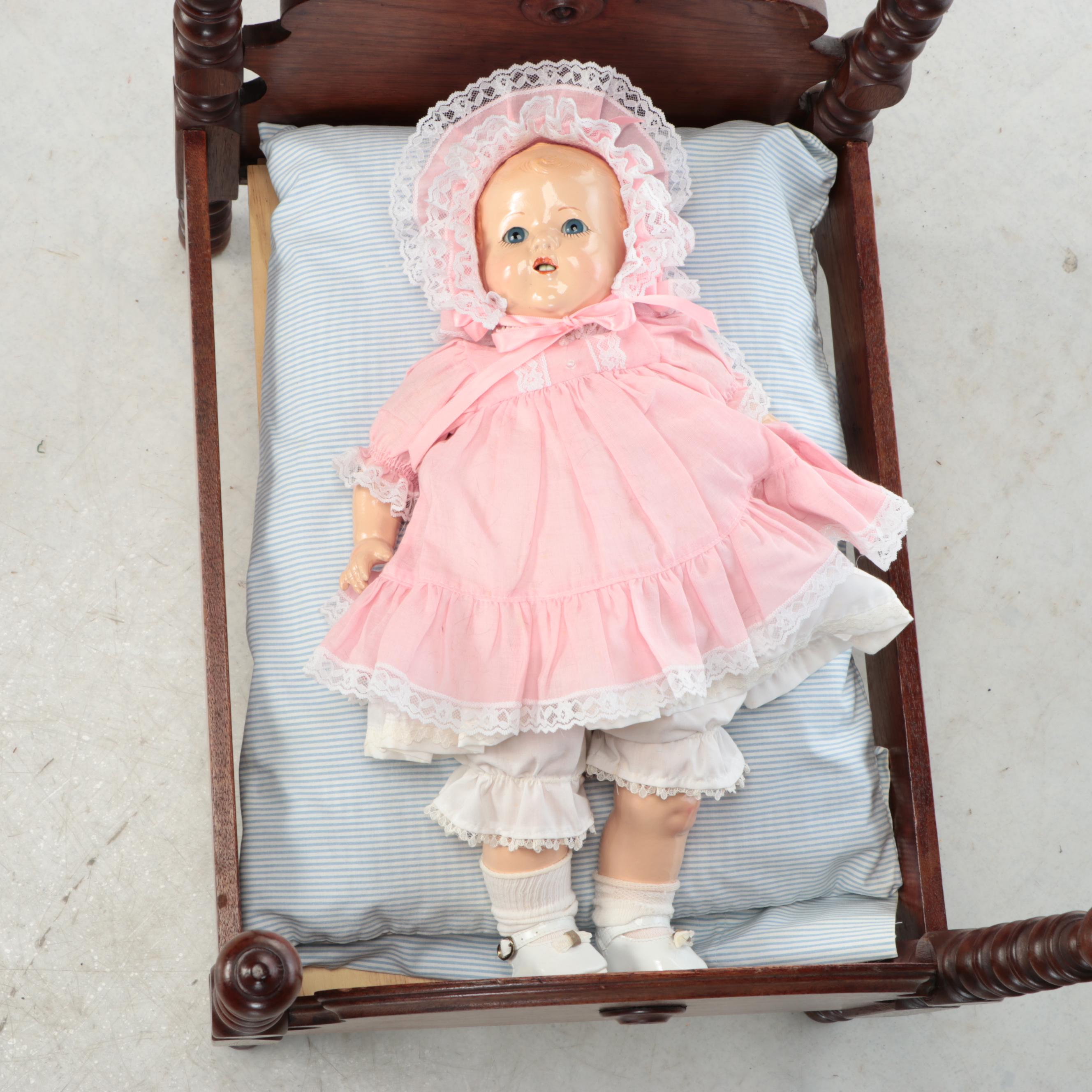 Victorian Diminutive Spool-Turned Bed with Composition Ideal Doll